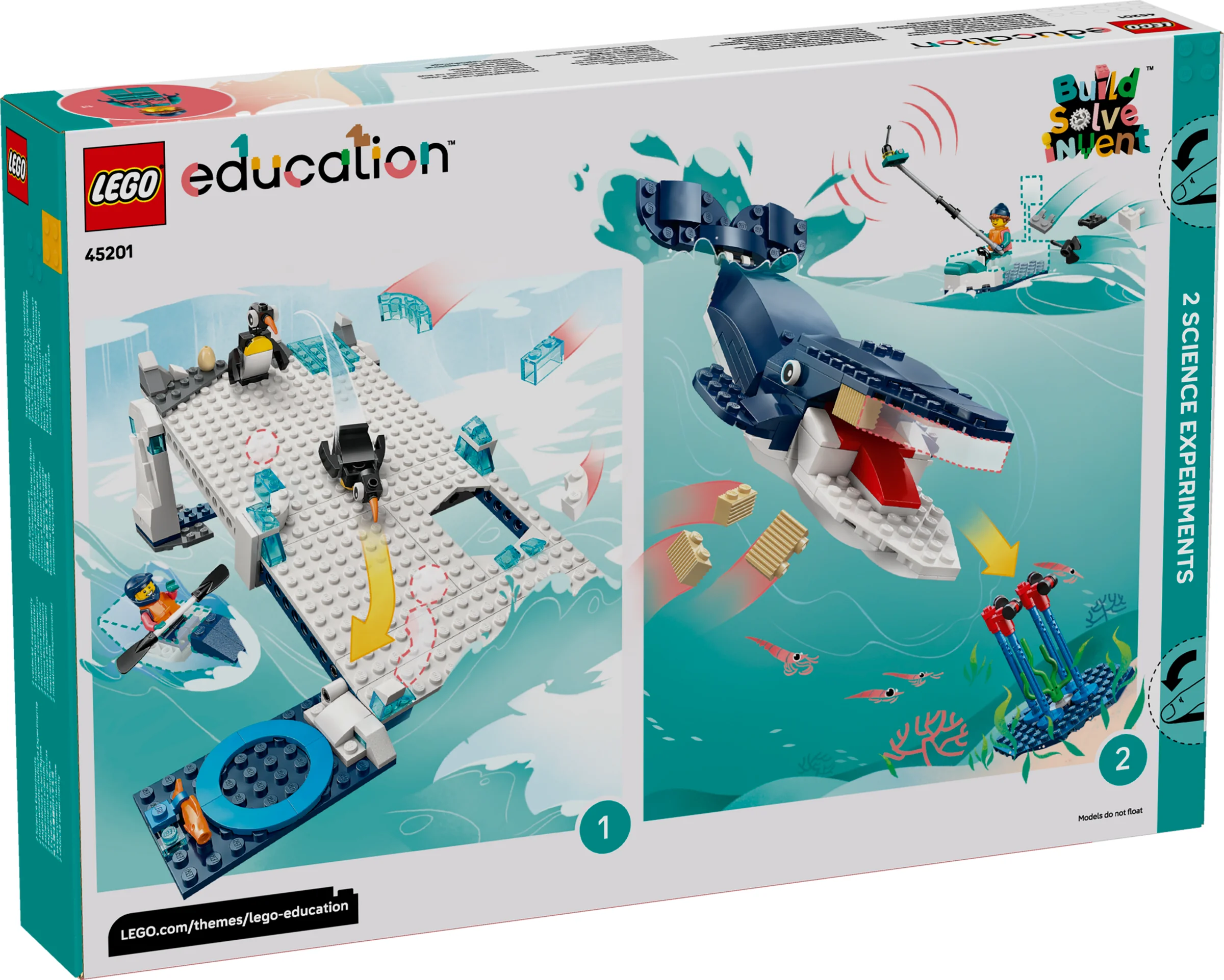 Cutia setului LEGO Education 45201, cu modele de animale antarctice și experimente științifice.