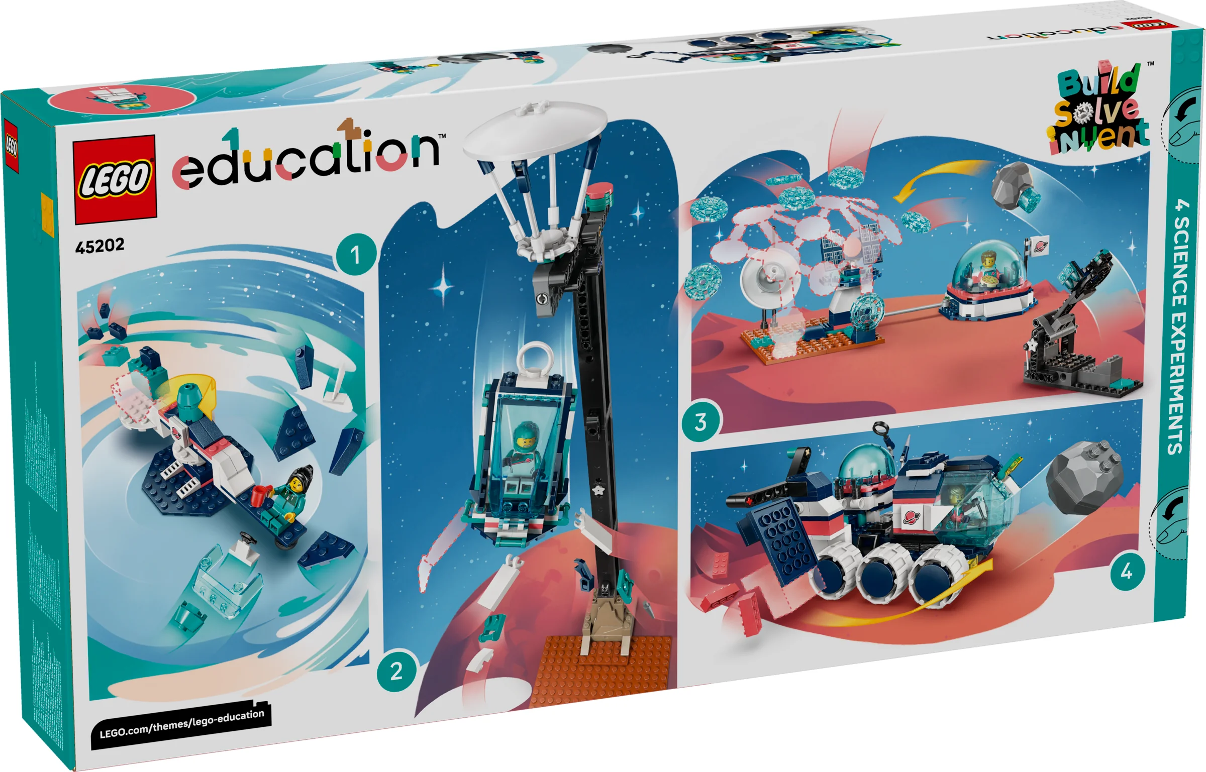Imaginea cutiei setului LEGO Education 45202, cu prezentarea celor 4 experimente științifice.