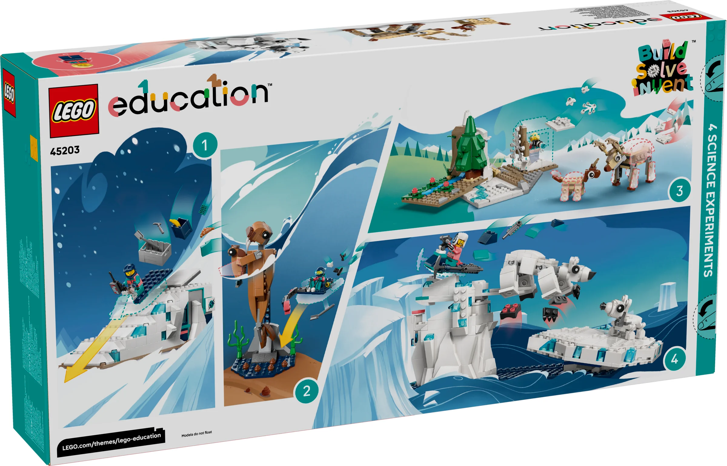 Cutie LEGO Education 45203 cu experimente arctice. Patru scene construite cu cărămizi LEGO.