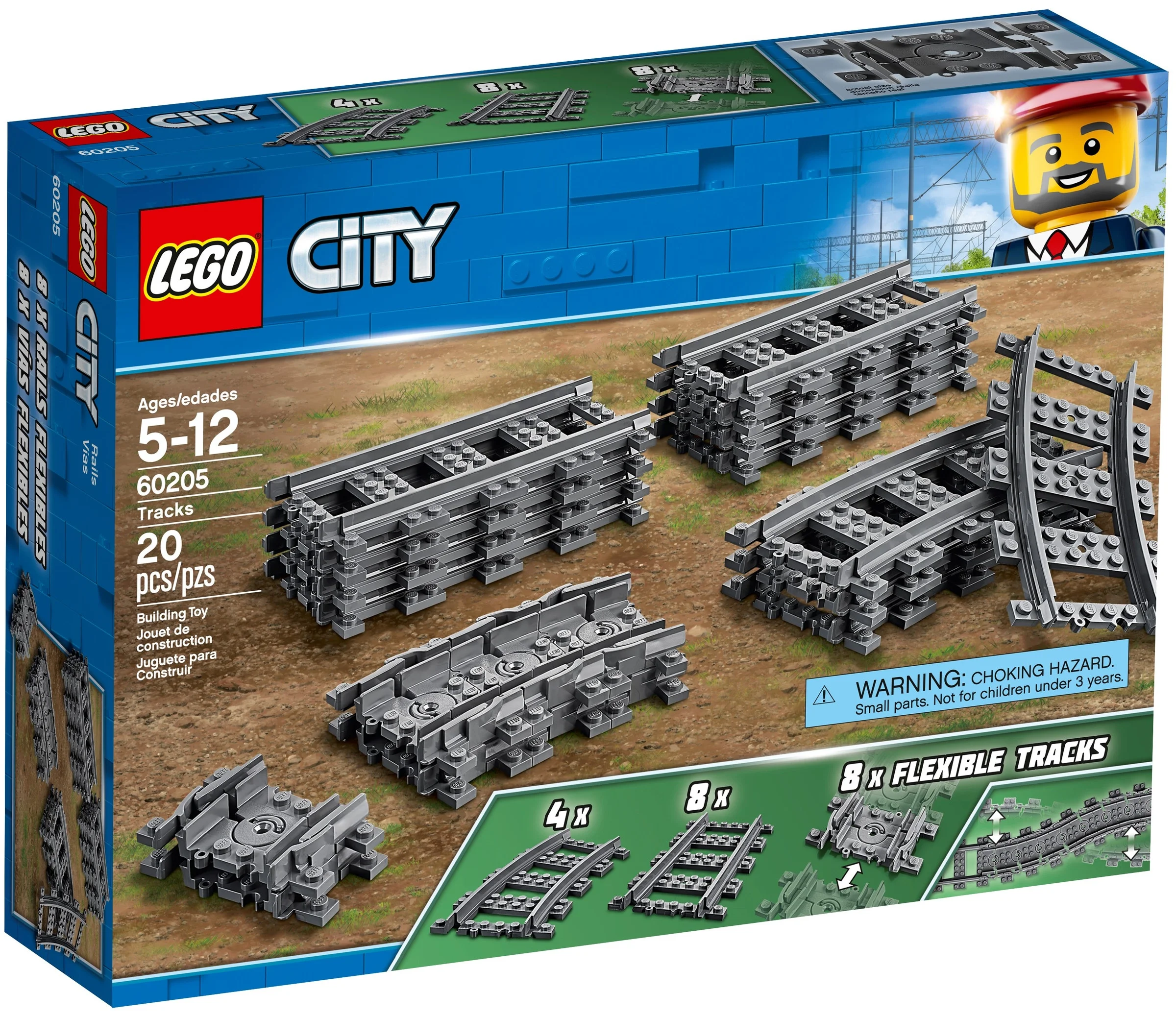 Cutie LEGO 60205 Șine. Setul include șine drepte și flexibile pentru trenulețe LEGO City.