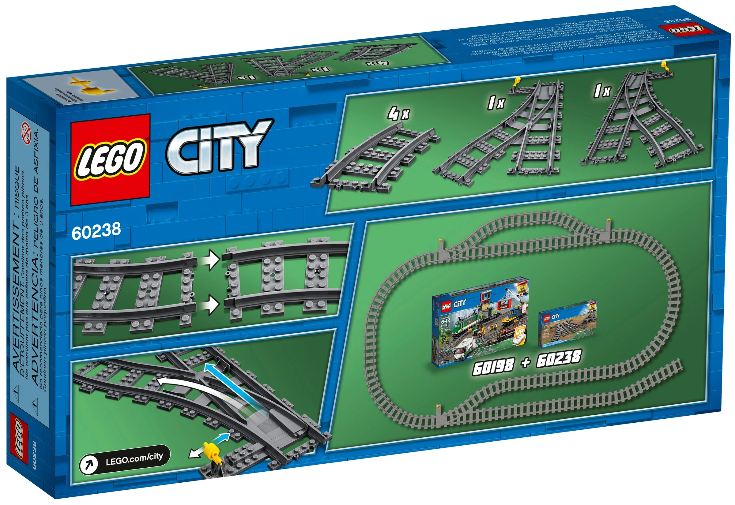 Cutia LEGO City 60238, cu detalii despre șine și combinații posibile.