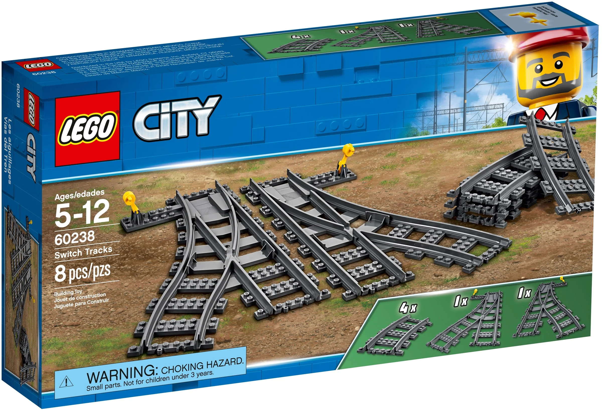 Imagine cu cutia setului LEGO City 60238, ce conține șine de tren și macazuri.