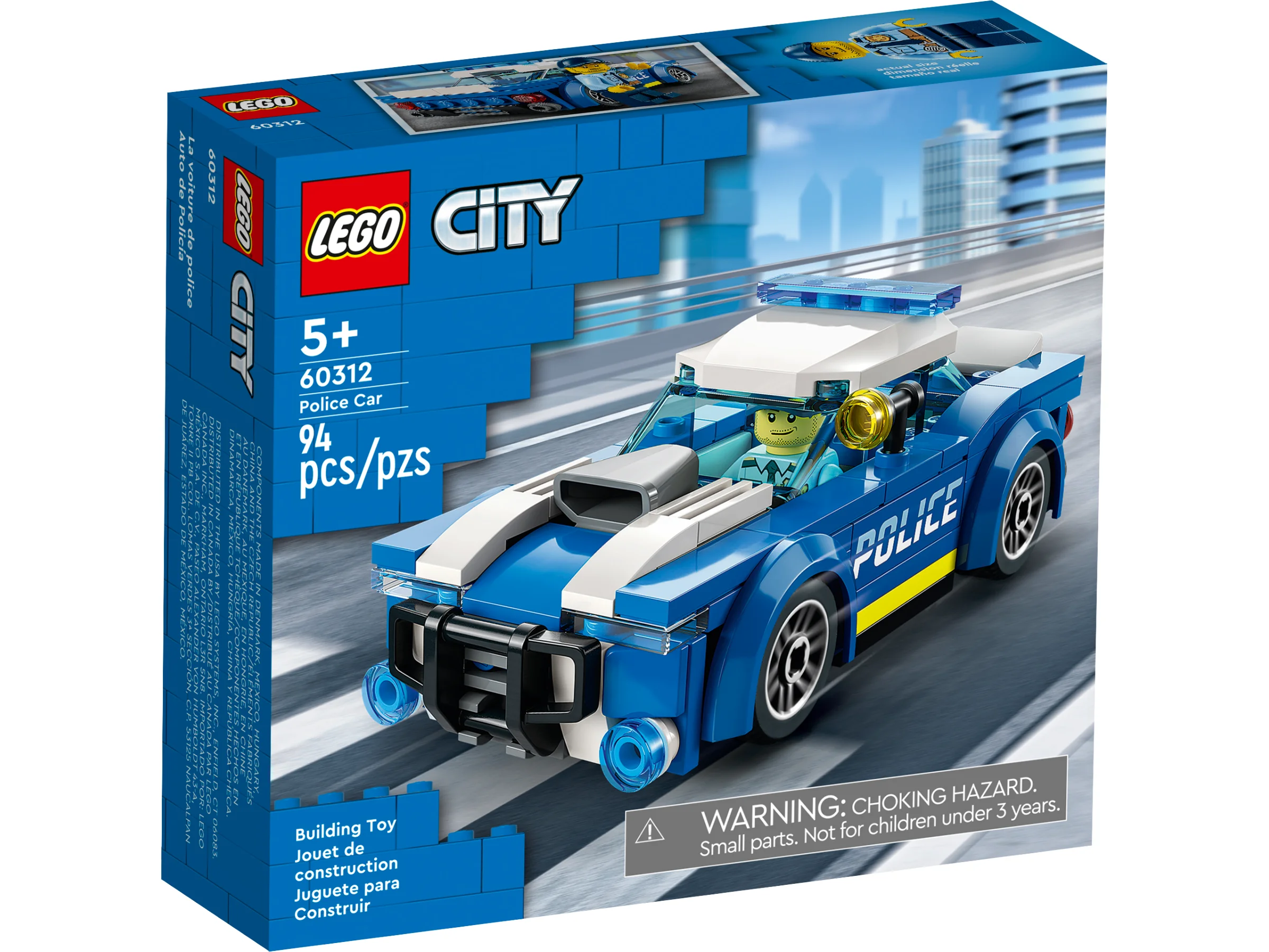 Cutie LEGO 60312, cu o mașină de poliție albastră și albă. Aspect atractiv pentru copii.