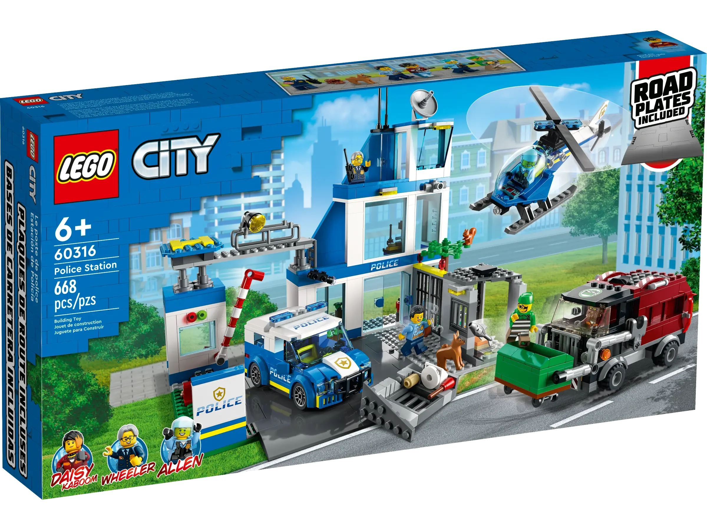 Cutia LEGO City 60316, Stație de Poliție, prezintă modelul finalizat și minifigurinele incluse.