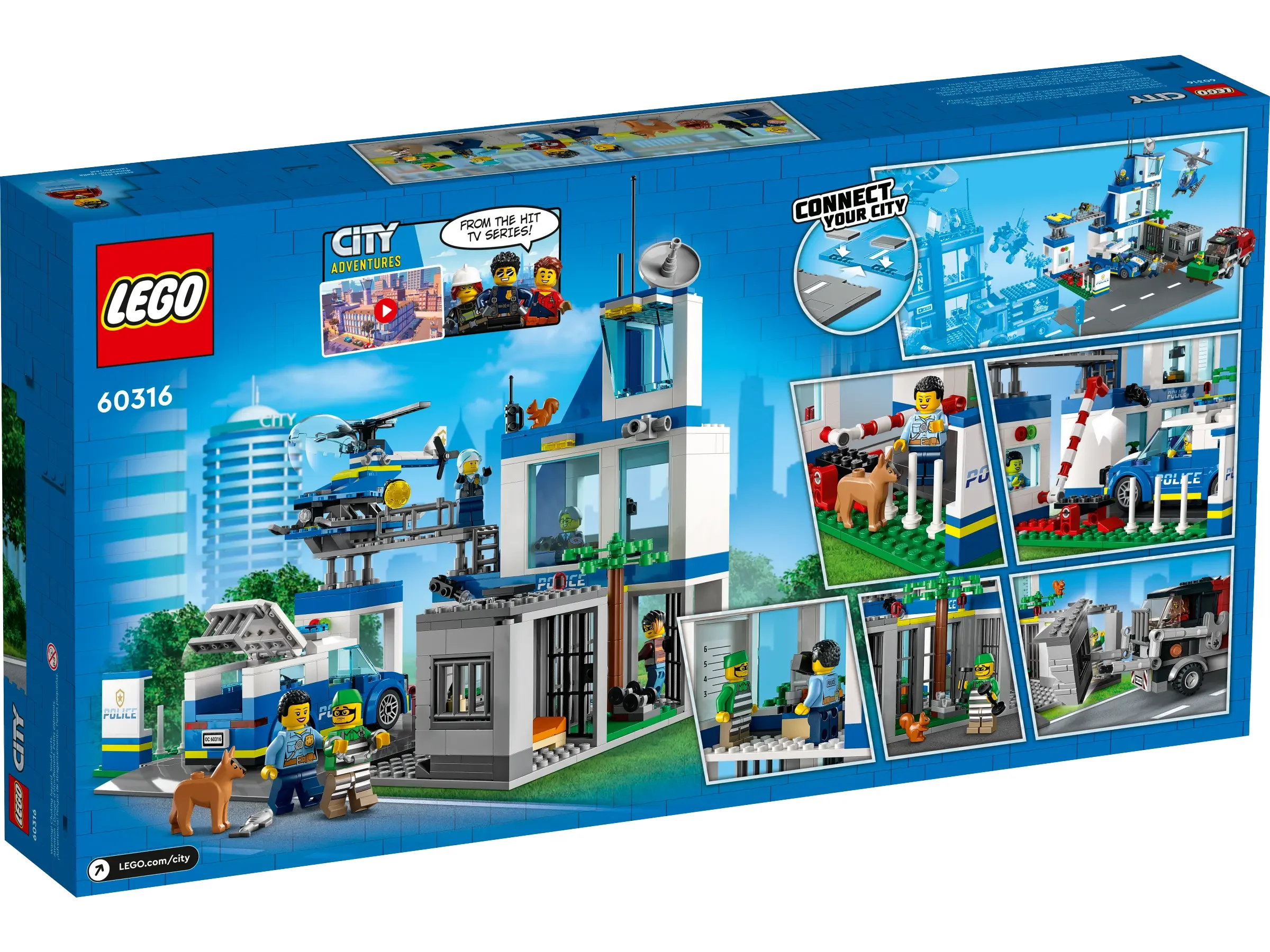 Cutia setului LEGO City 60316, cu imagini ale stației de poliție și minifigurine.