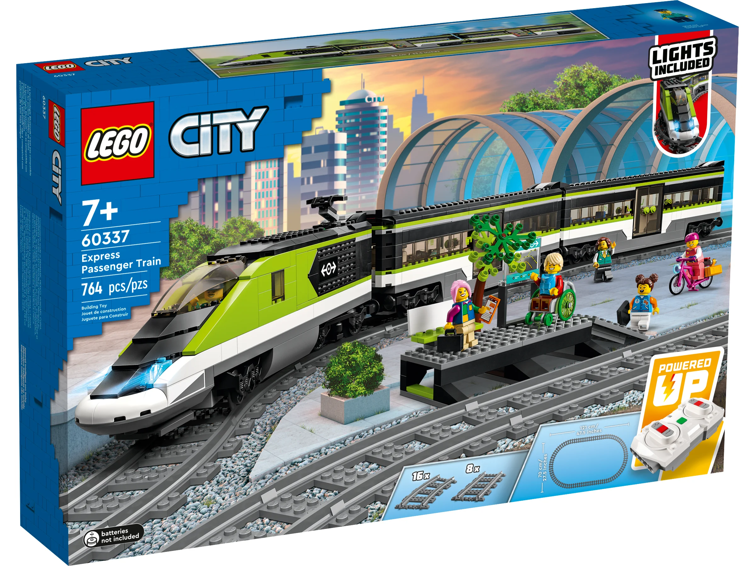 Cutia setului LEGO City 60337, cu trenul de pasageri, platformă și minifigurine. Set atrăgător, perfect pentru joacă.
