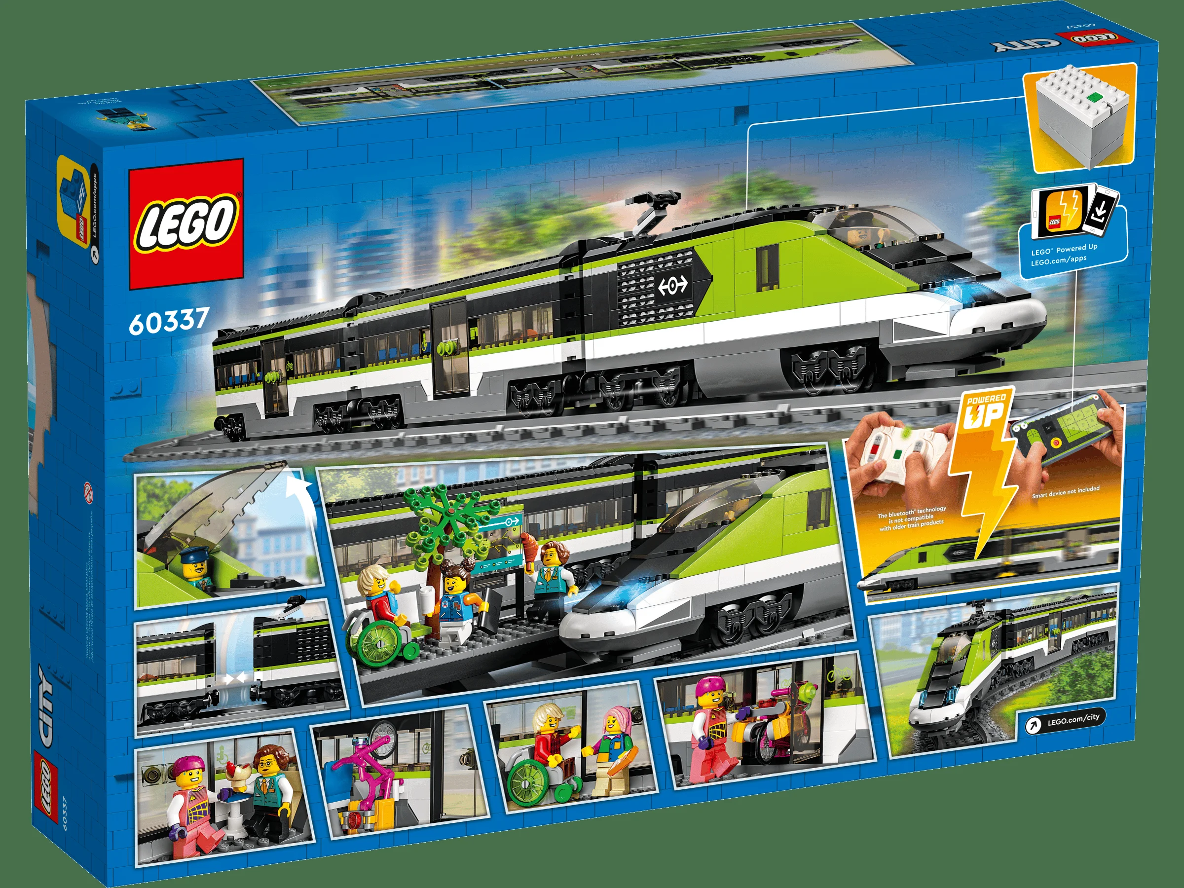 Imagine cu cutia setului LEGO 60337, Tren de pasageri Express. Detalii despre funcții și minifigurine.