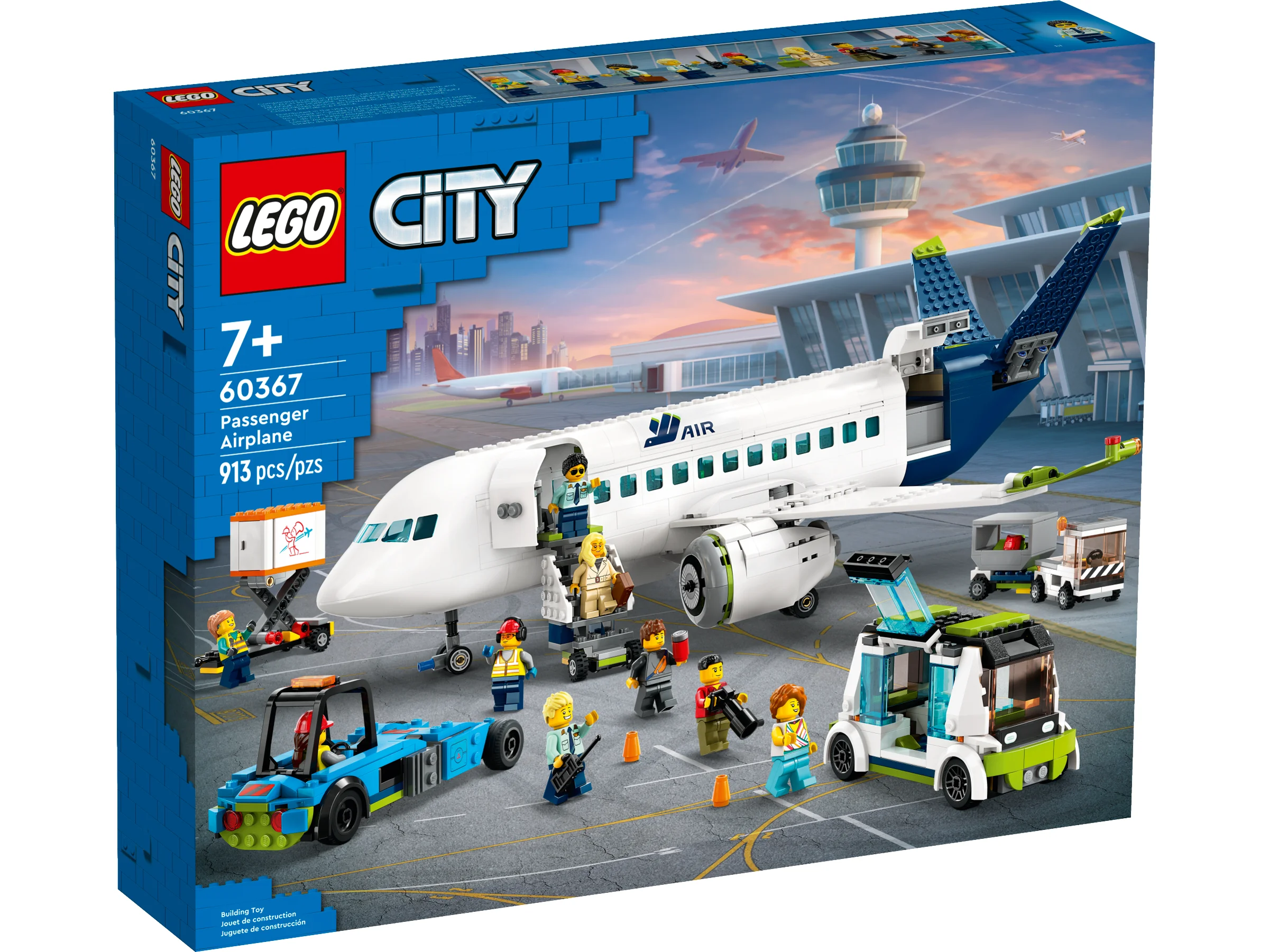 Imagine cu cutia setului LEGO City 60367, Avion de Pasageri. Include avionul, vehicule și minifigurine.