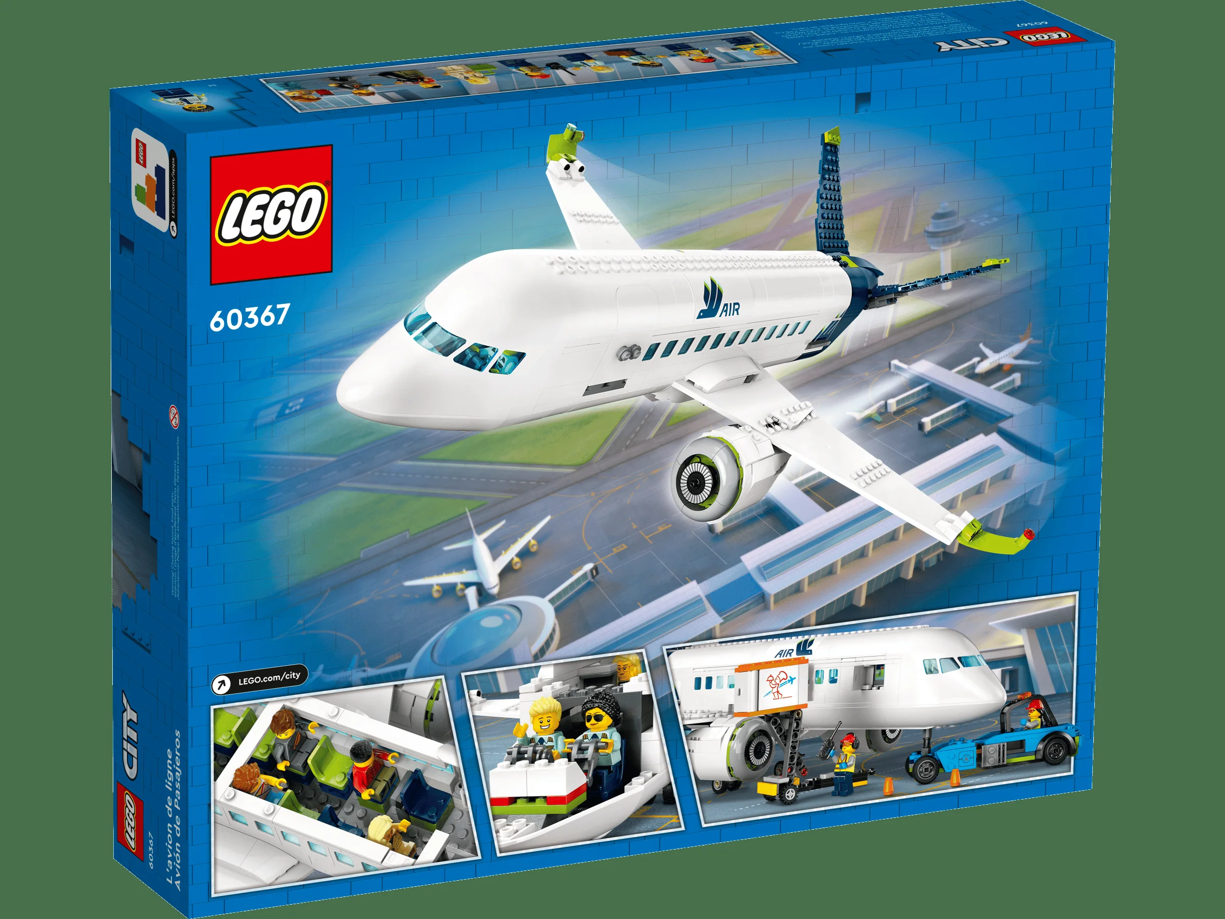 Imagine cu spatele cutiei setului LEGO 60367, avionul de pasageri, prezentând modelul și detalii de joc.