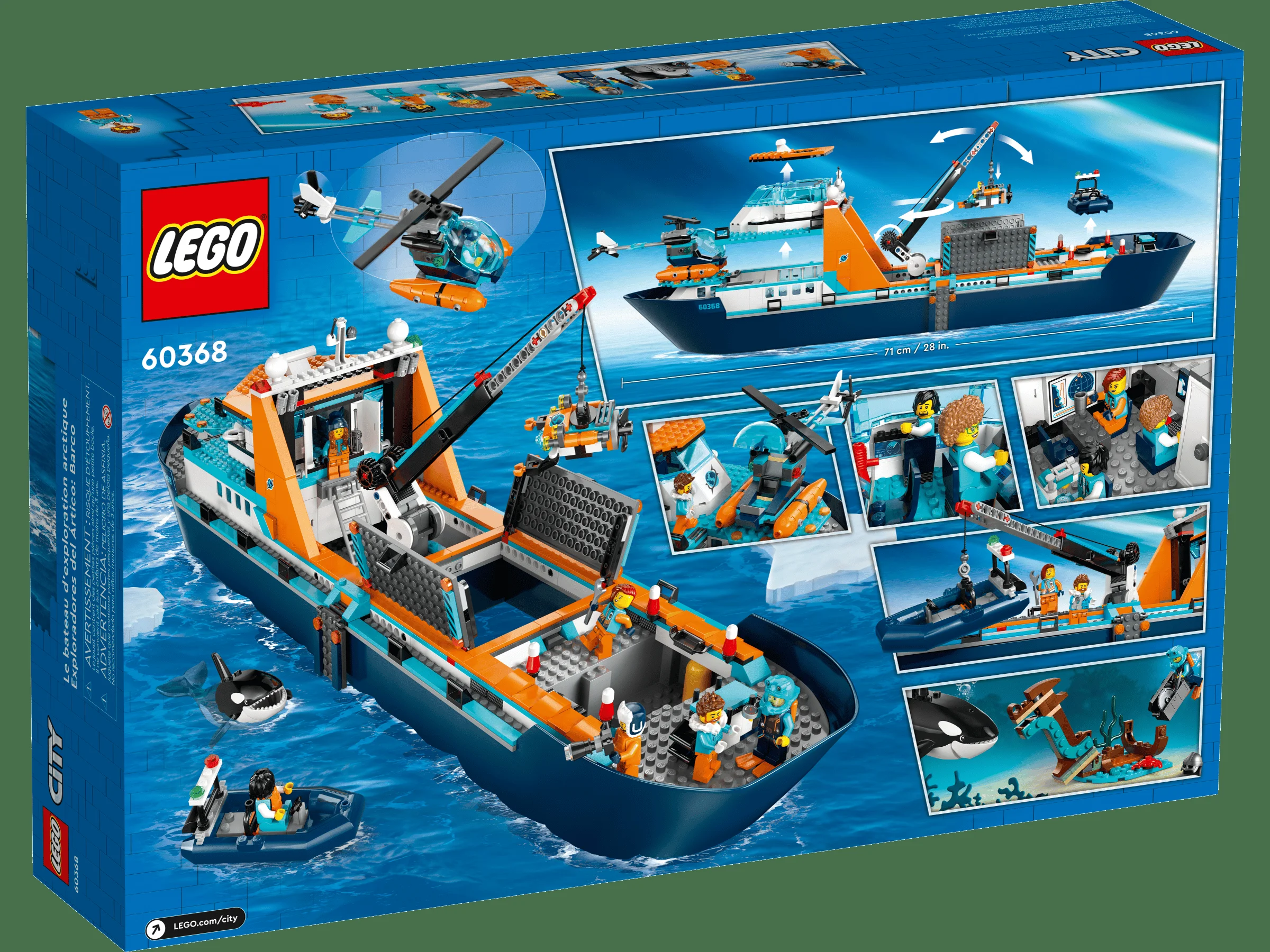 Cutia LEGO City 60368 cu nava arctică, elicopter și detalii de joacă, ideală pentru aventuri polare.