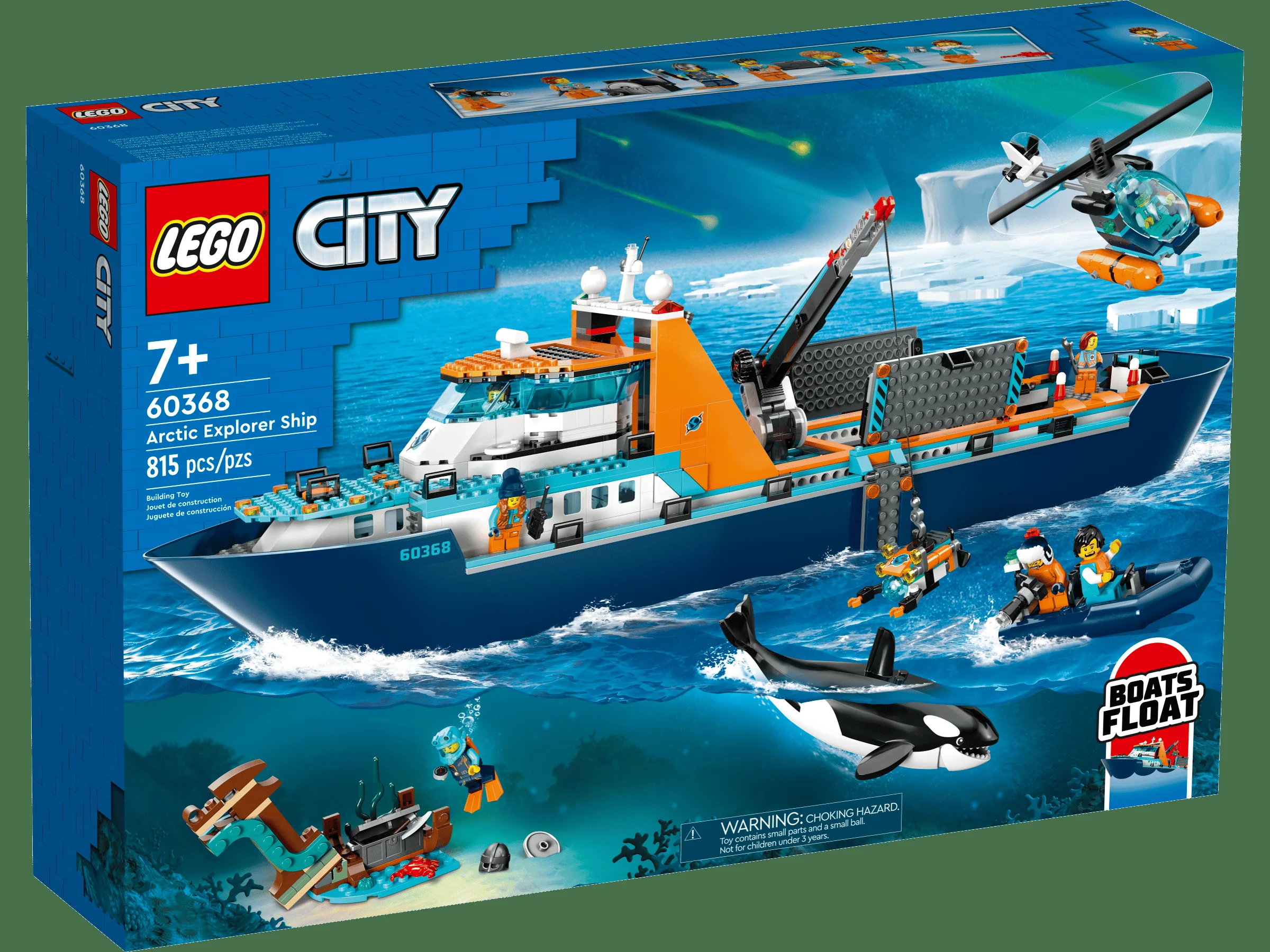 Imaginea prezintă cutia setului LEGO City 60368, Nava de explorare arctică, cu toate elementele incluse.