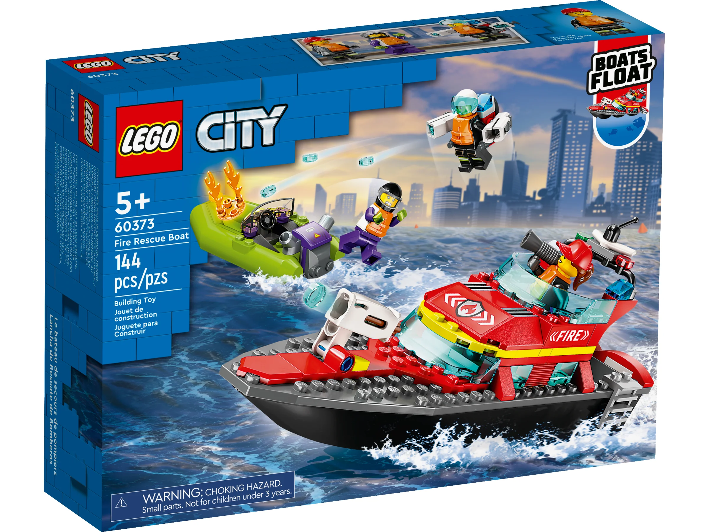 Imagine cu cutia setului LEGO City 60373, o barcă de salvare a pompierilor, detaliată și colorată.