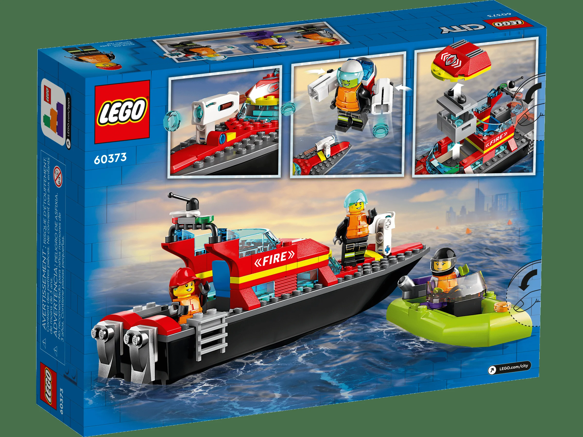 Imagine cu cutia setului LEGO City 60373, prezentând barca de pompieri și diverse detalii ale setului.
