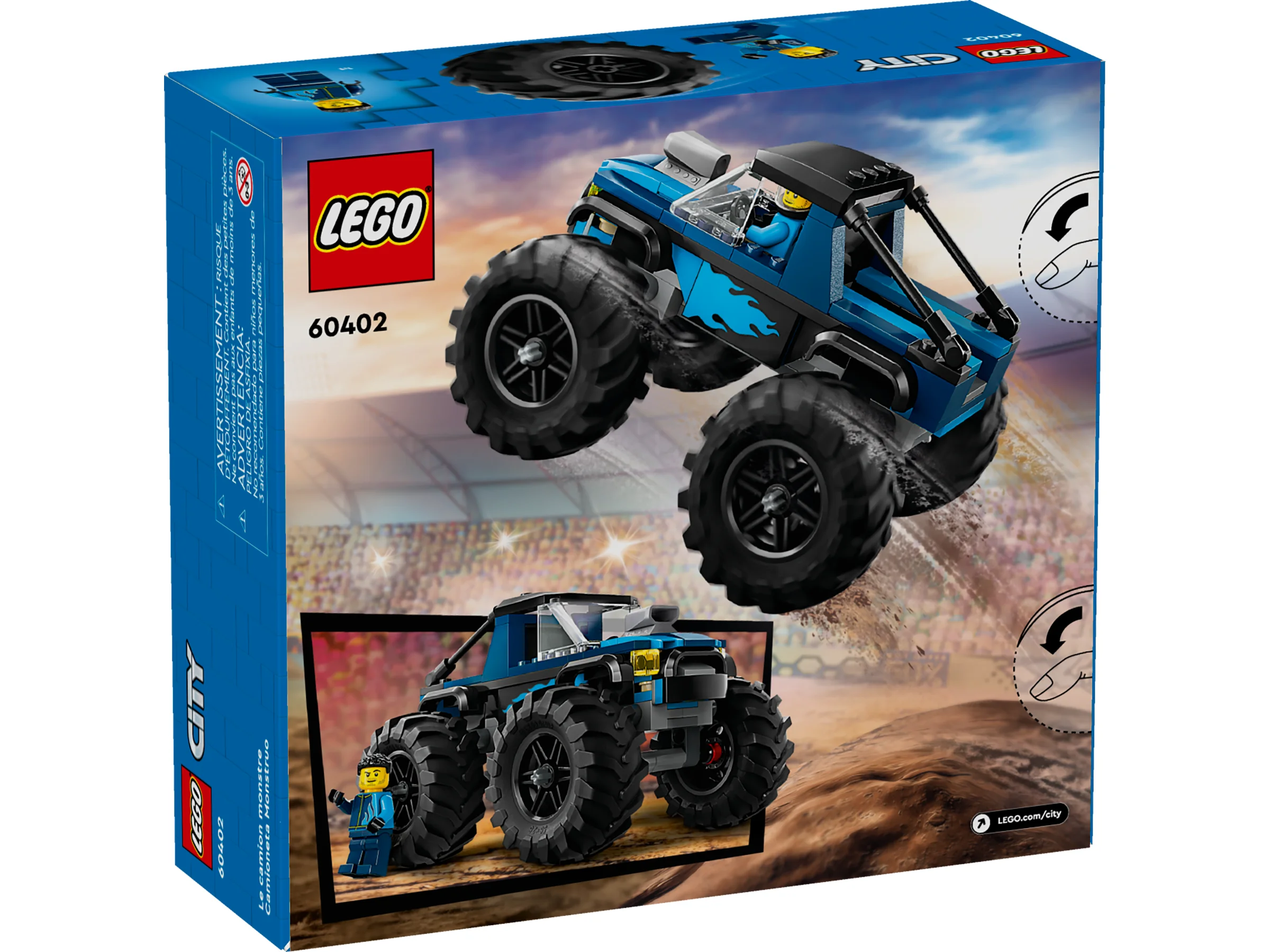 Cutia cu LEGO City 60402 Monster Truck, cu camionul albastru și minifigurina inclusă.