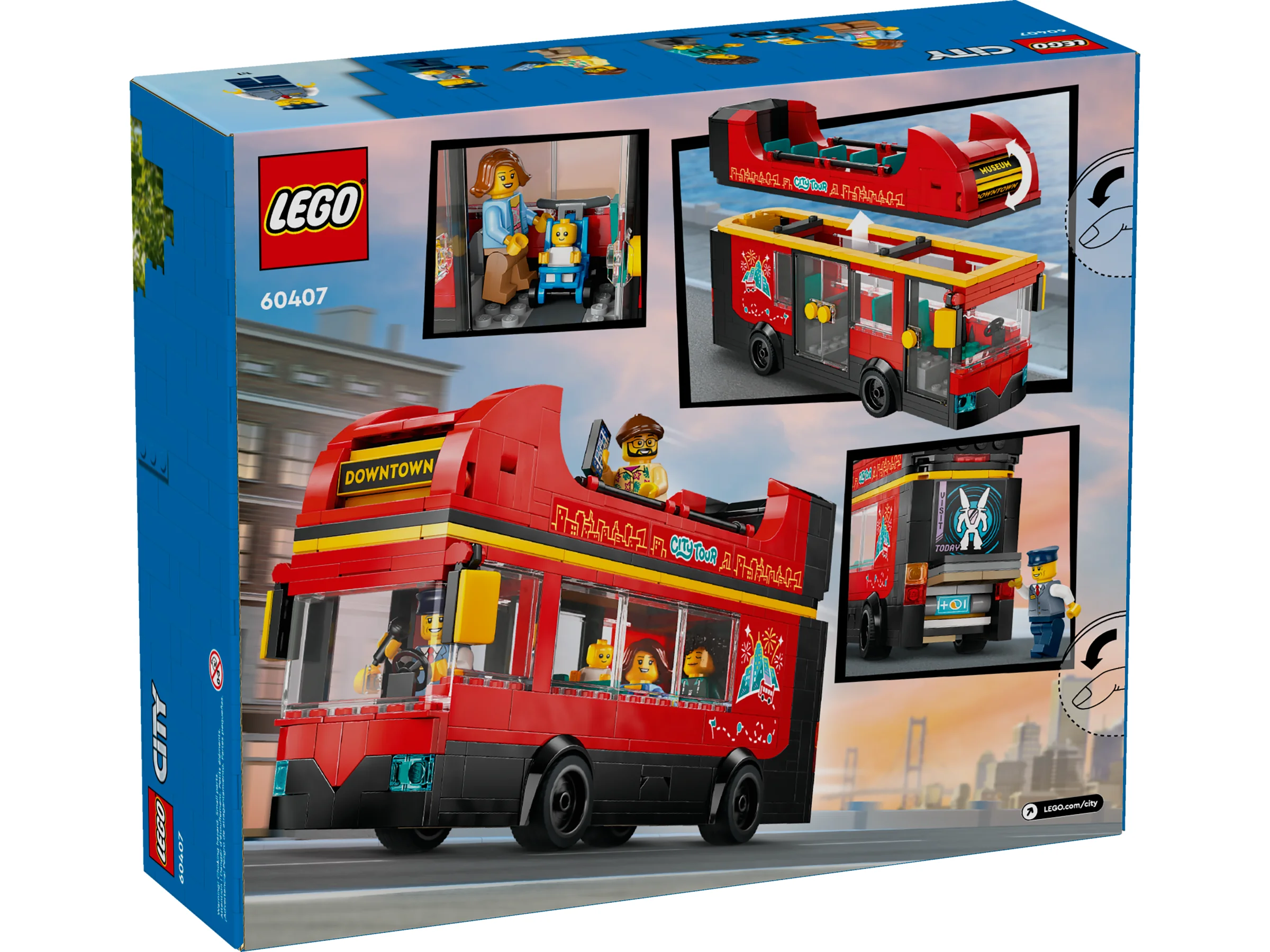 Imaginea prezintă cutia setului LEGO 60407, autobuzul turistic cu etaj, evidențiind detalii și minifigurine.