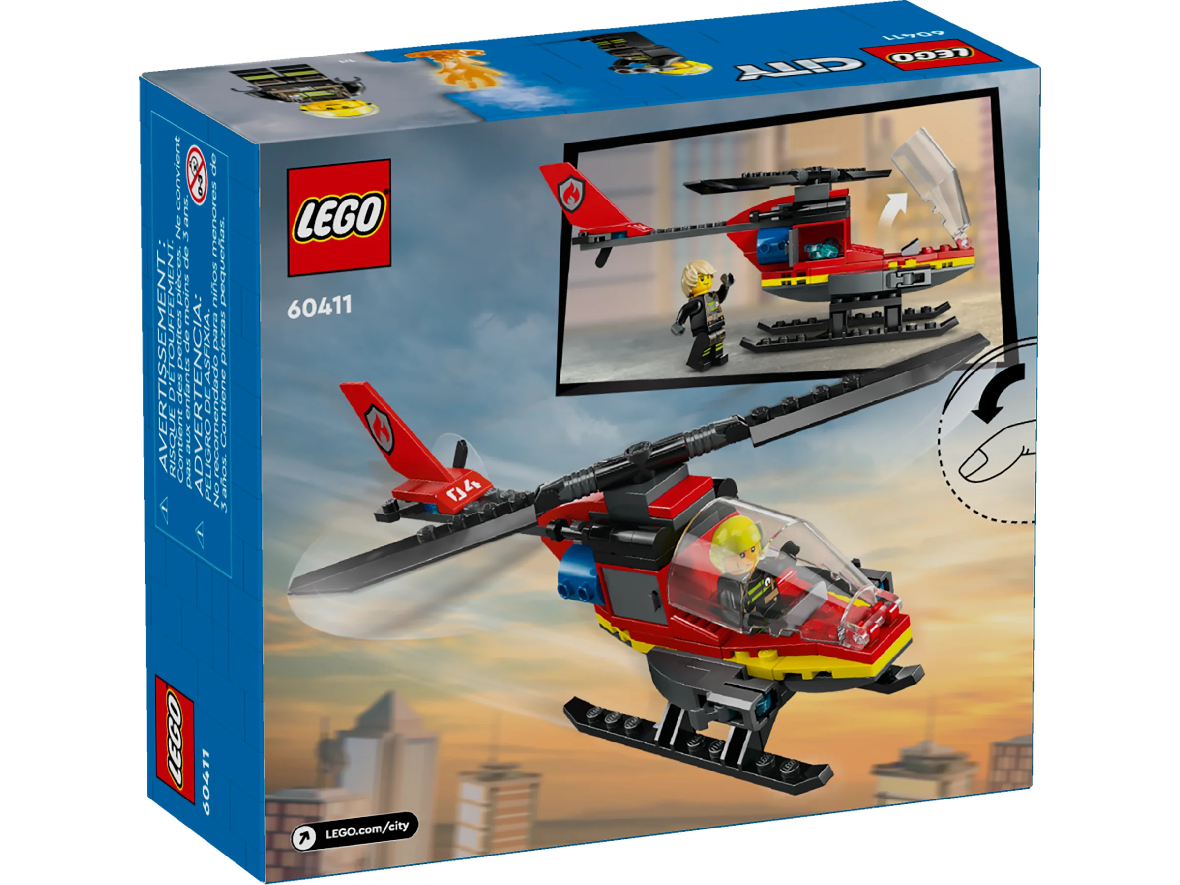 Imagine cu cutia setului LEGO City 60411, cu elicopterul de salvare în zbor. Avertismente în franceză și spaniolă.