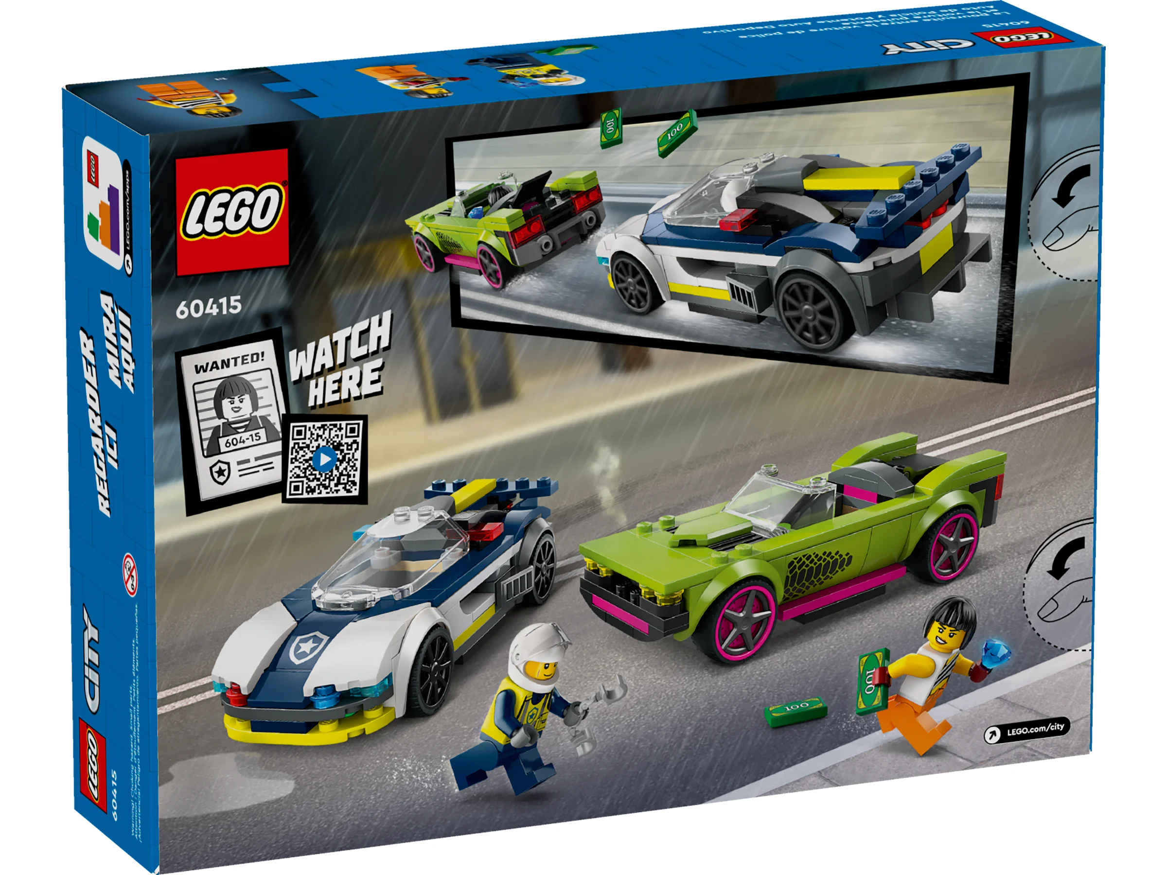 Cutia setului LEGO 60415 prezintă o urmărire captivantă între o mașină de poliție și un muscle car.