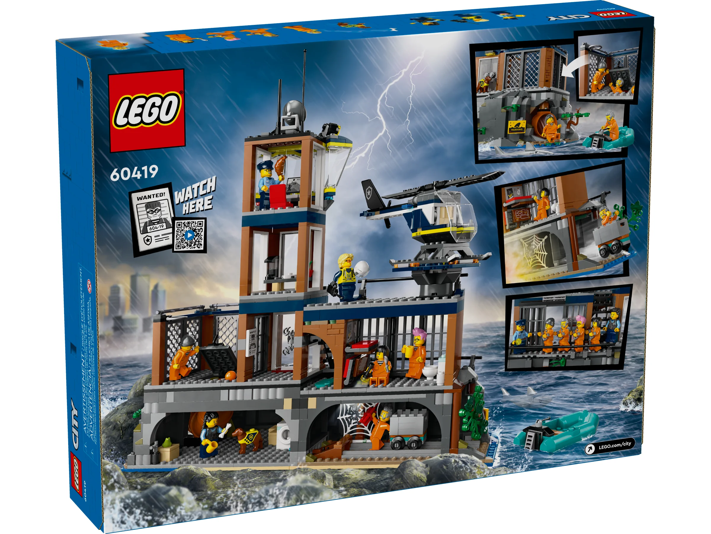 Imagine detaliată a cutiei LEGO City 60419, cu Insula Închisoare și minifigurinele aferente. Furtună pe fundal.