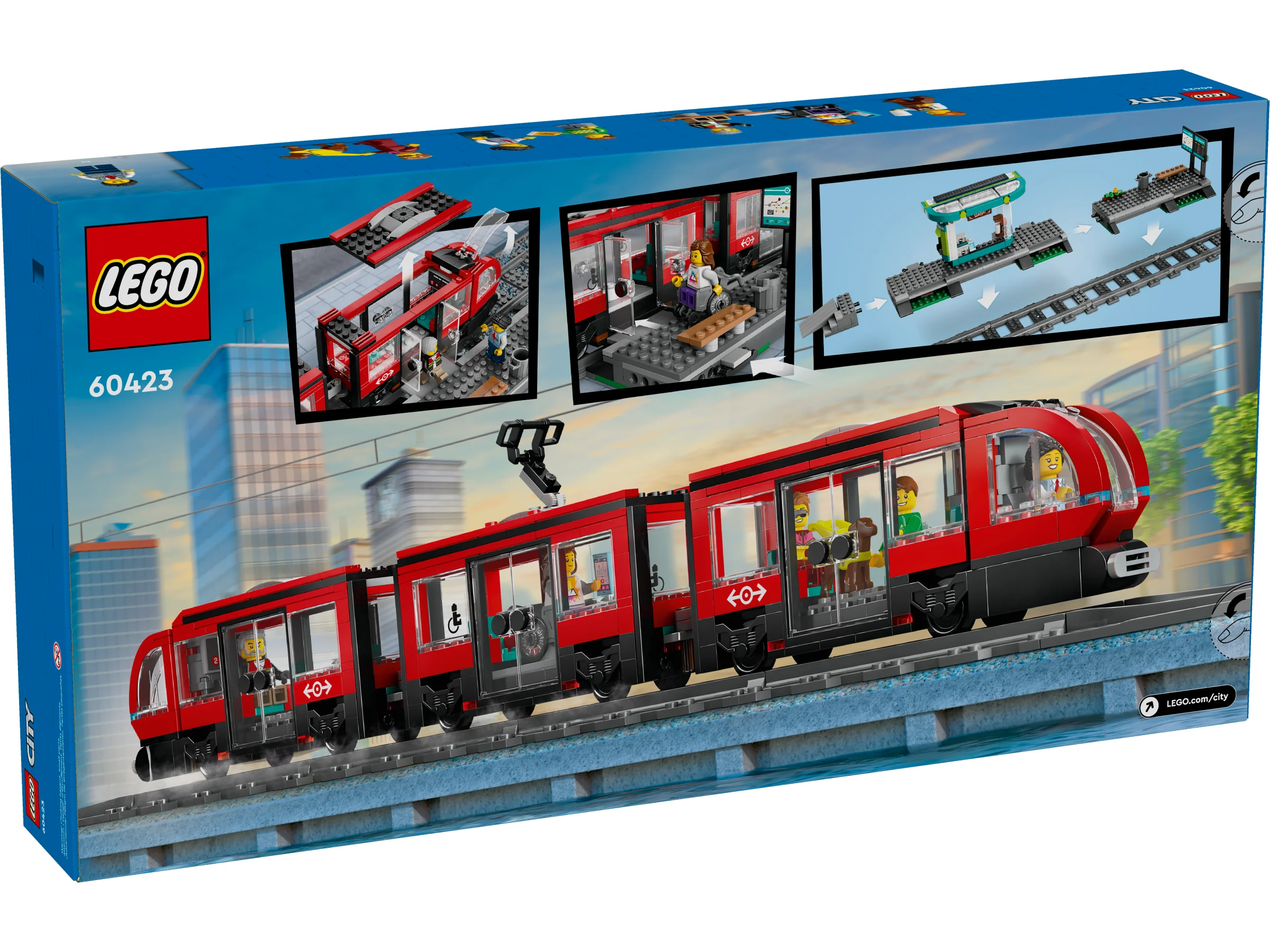 Cutia setului LEGO 60423, cu tramvaiul urban, arătând detalii și funcții. Tramvaiul are design roșu și negru.