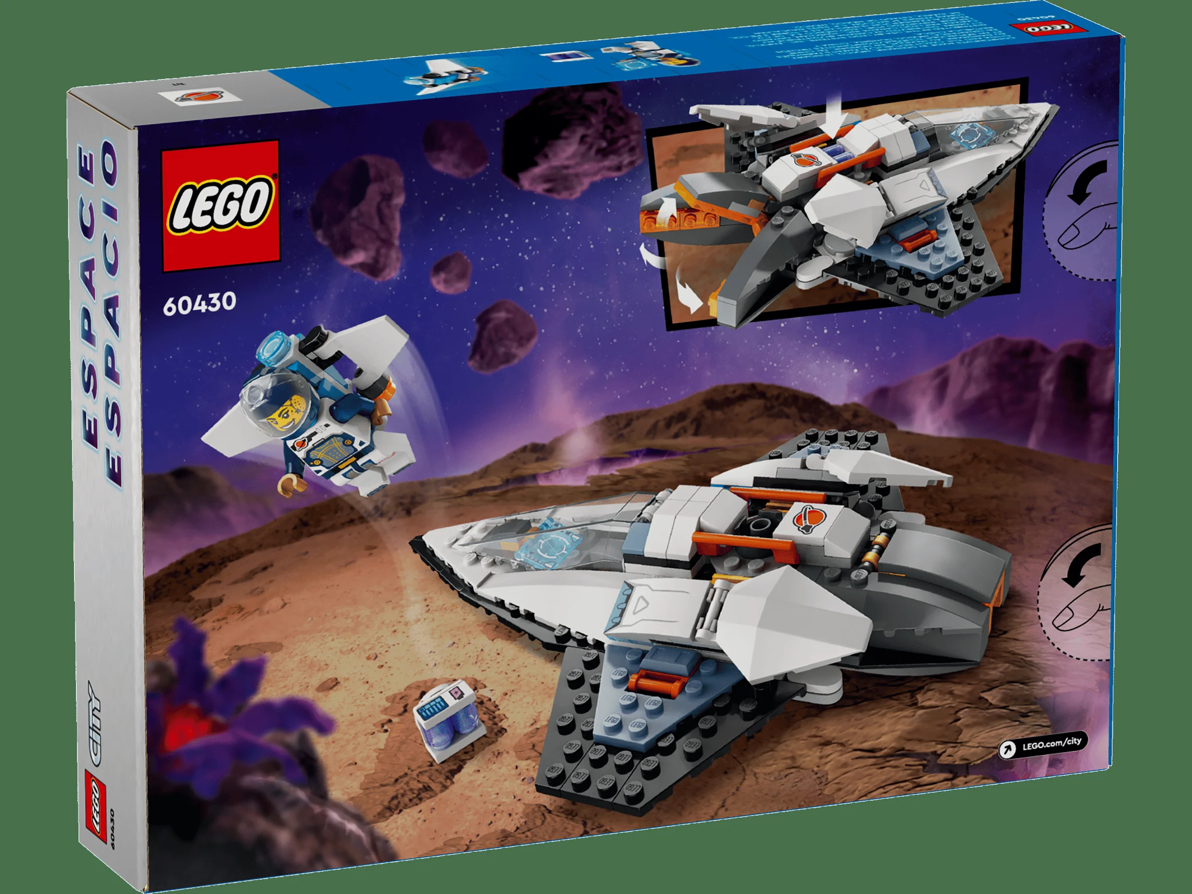Cutia LEGO 60430, cu nava spațială interstelarã și minifigurina astronaut. Detalii despre funcții. 