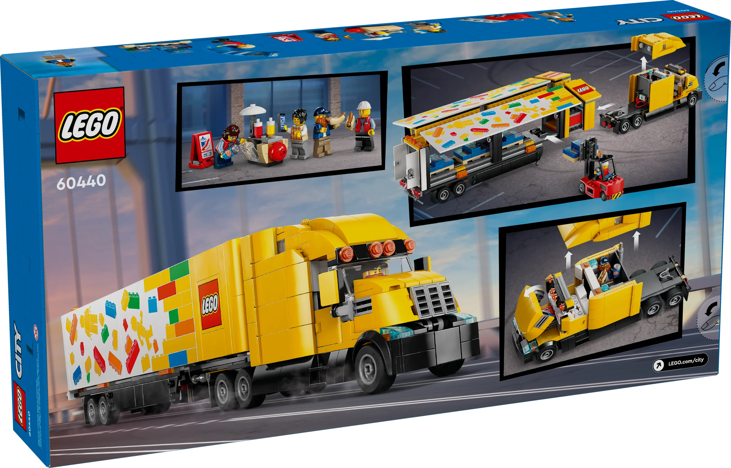 Imagine cu cutia setului LEGO 60440, camionul de livrare LEGO City. Se văd diverse funcții și detalii.