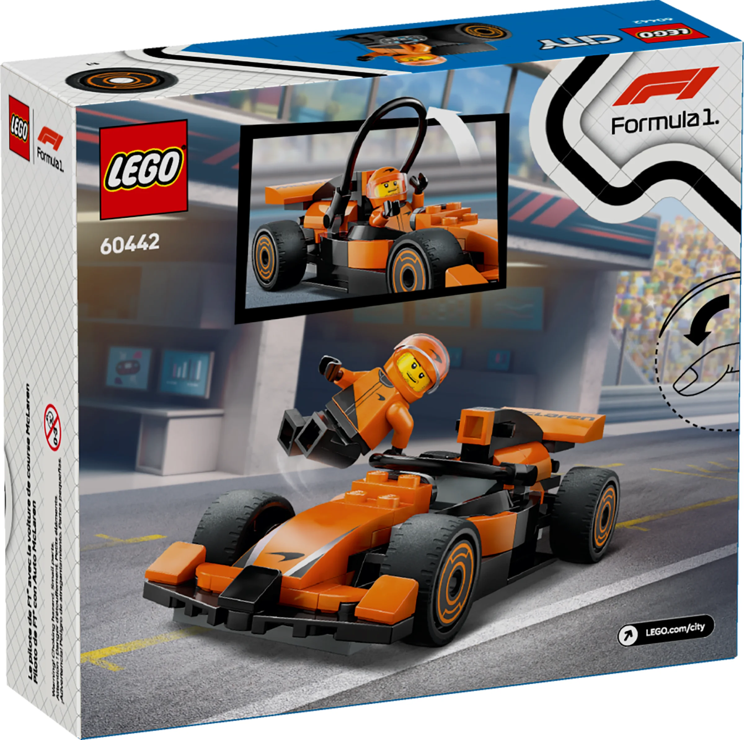 Cutia LEGO 60442 prezintă mașina de curse McLaren și minifigurina pilotului F1.