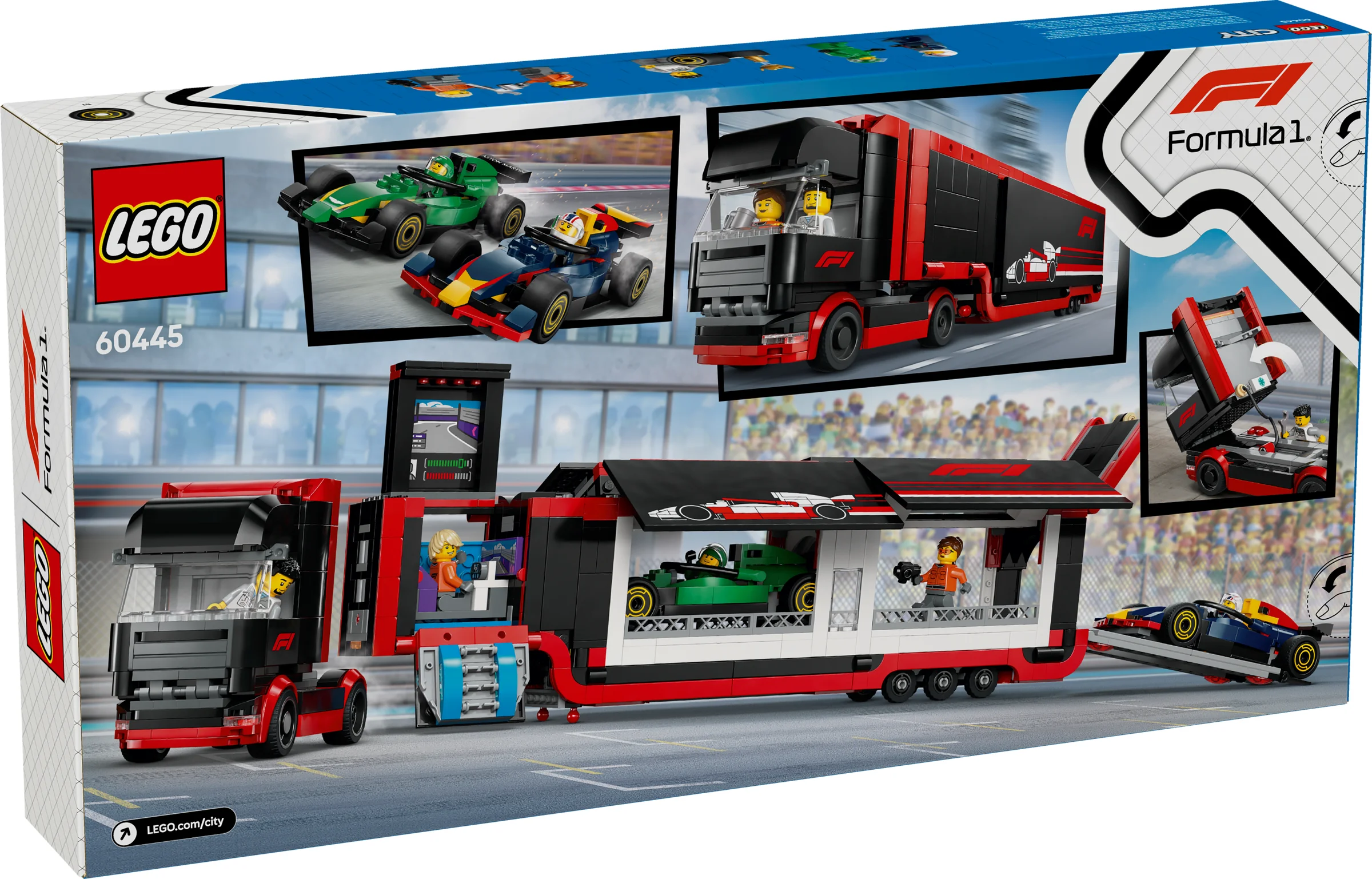 Imagine cu cutia setului LEGO 60445, cu camion și mașini F1. Vedere din spate, detaliată.
