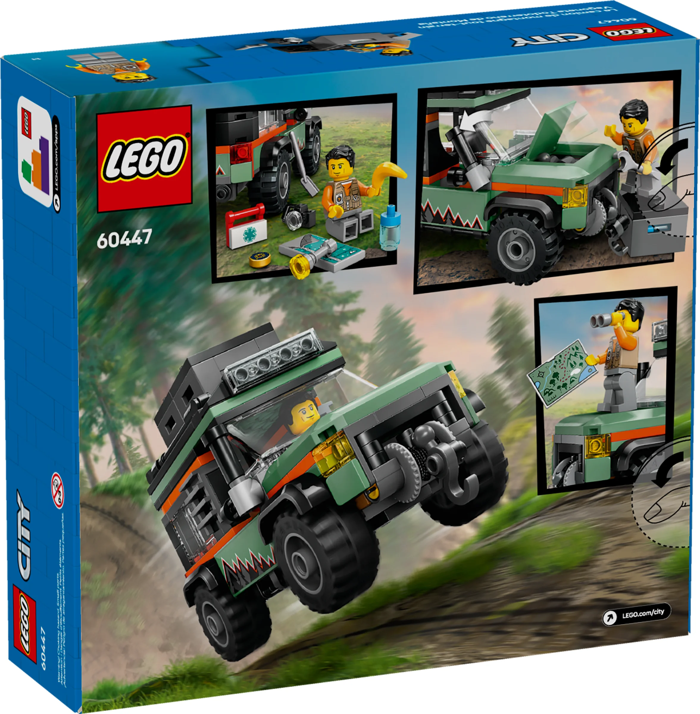 Imaginea cutiei LEGO City 60447, camionul de teren montan. Cutia prezintă modelul și funcțiile setului.