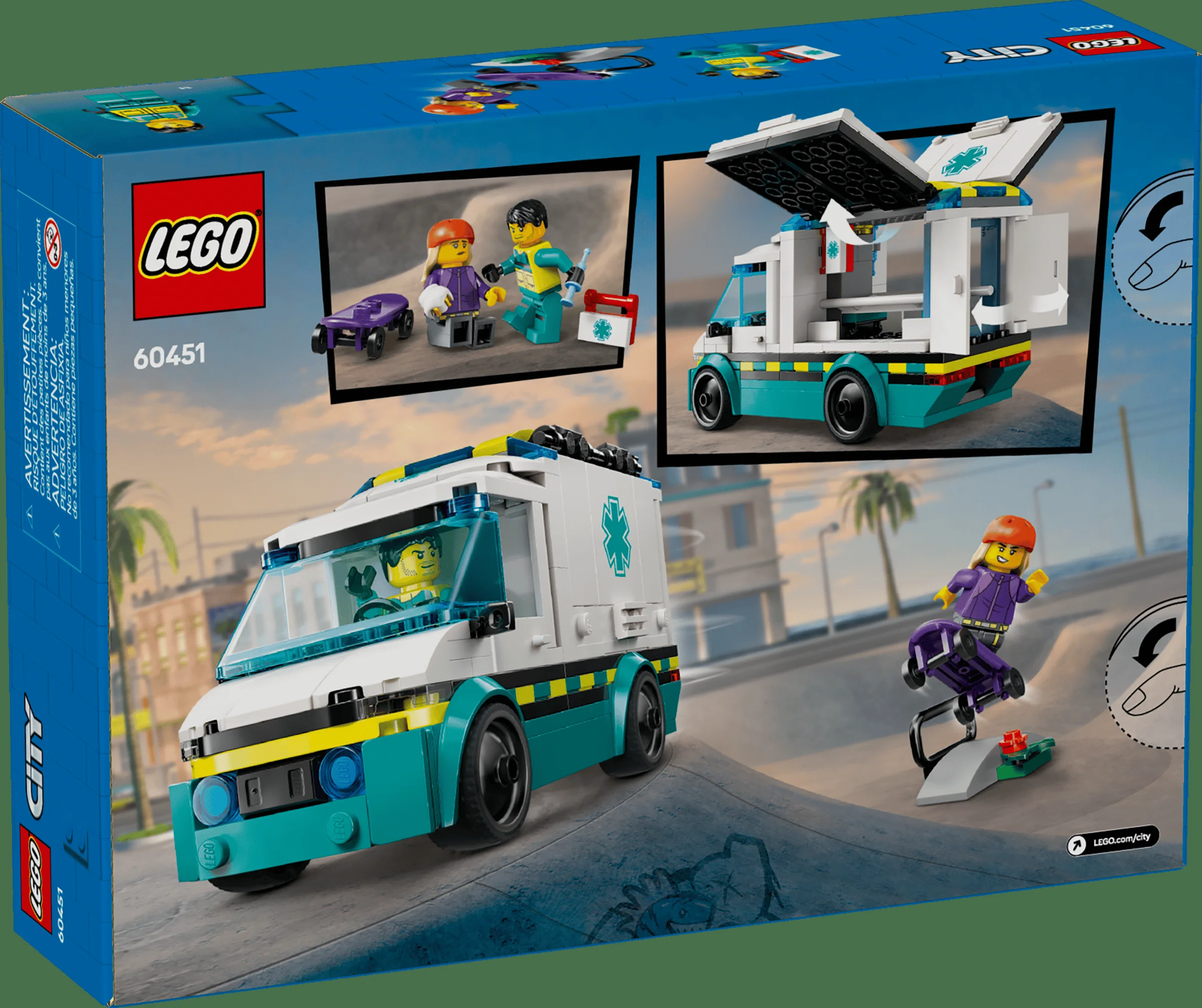 Cutia setului LEGO 60451, Ambulanța de urgență. Prezintă modelul asamblat și funcțiile.