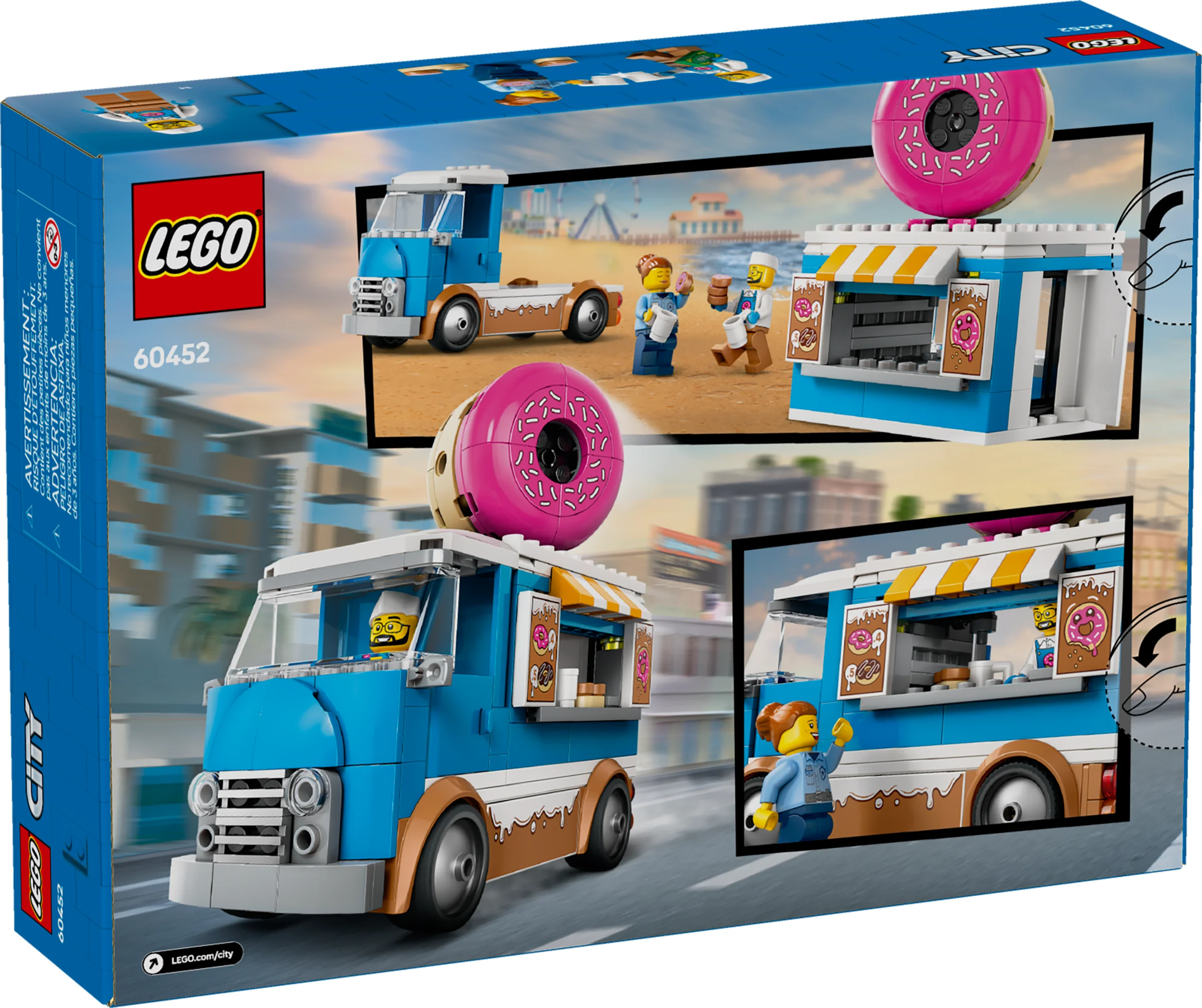 Imagine cu cutia setului LEGO 60452, camionul cu gogoși. Vedere laterală, cu detalii despre model.