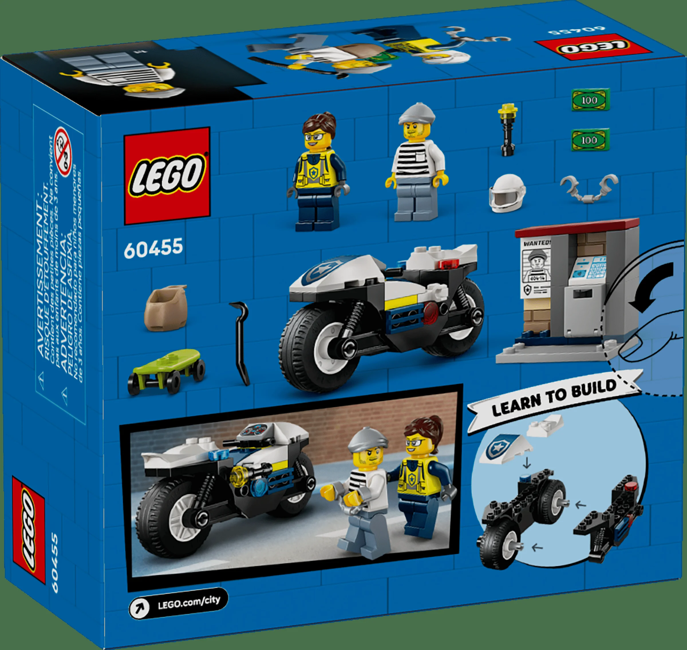 Cutia LEGO 60455 prezintă motocicleta de poliție, minifigurinele și accesorii precum bancomatul. O imagine utilă pentru promovare.