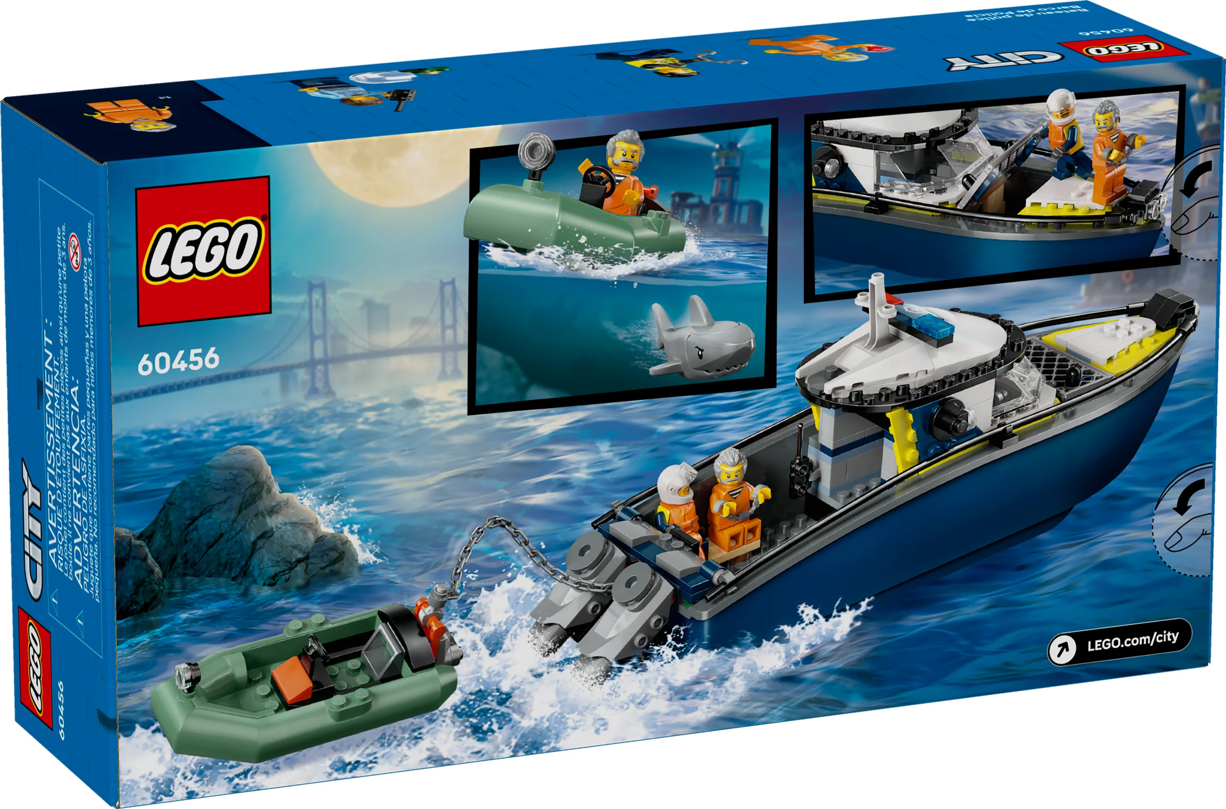 Cutia setului LEGO City 60456, Barcă de poliție, cu o barcă mare albastră și elemente de joacă ilustrate.