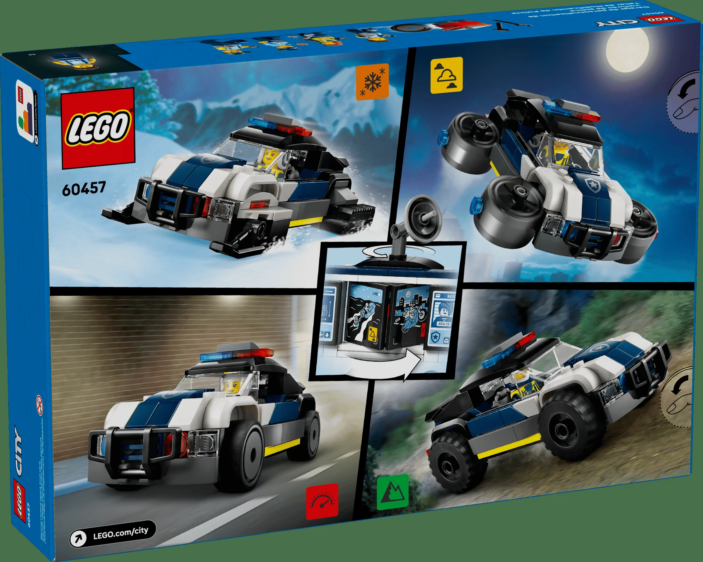 Spatele cutiei LEGO 60457 prezintă vehiculul personalizabil în diverse scene de acțiune.