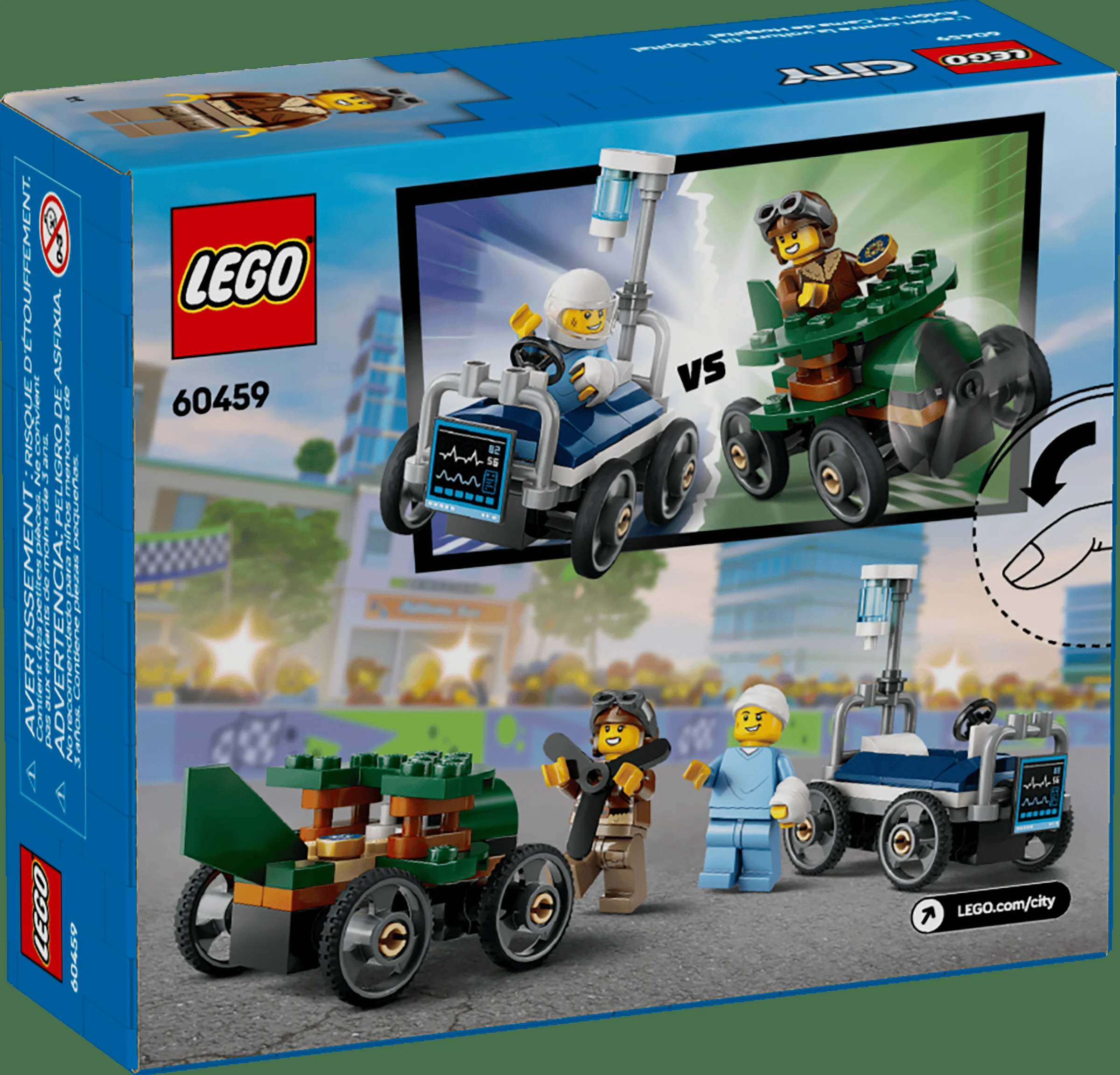 Imagine cu setul LEGO 60459, prezentând mașinile și minifigurinele. O cursă amuzantă!