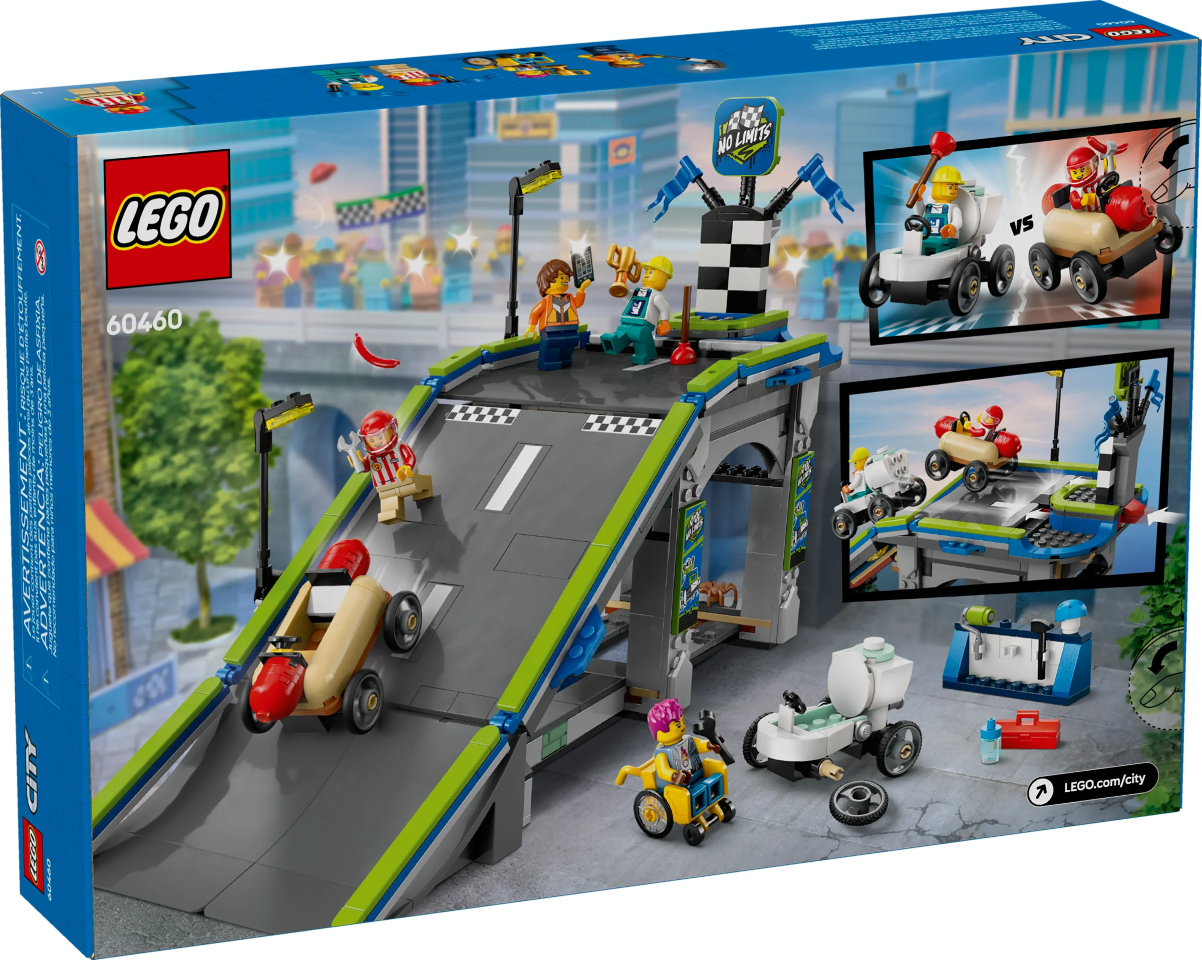 Cutia setului LEGO City 60460, cu rampa de curse și mașini personalizate.