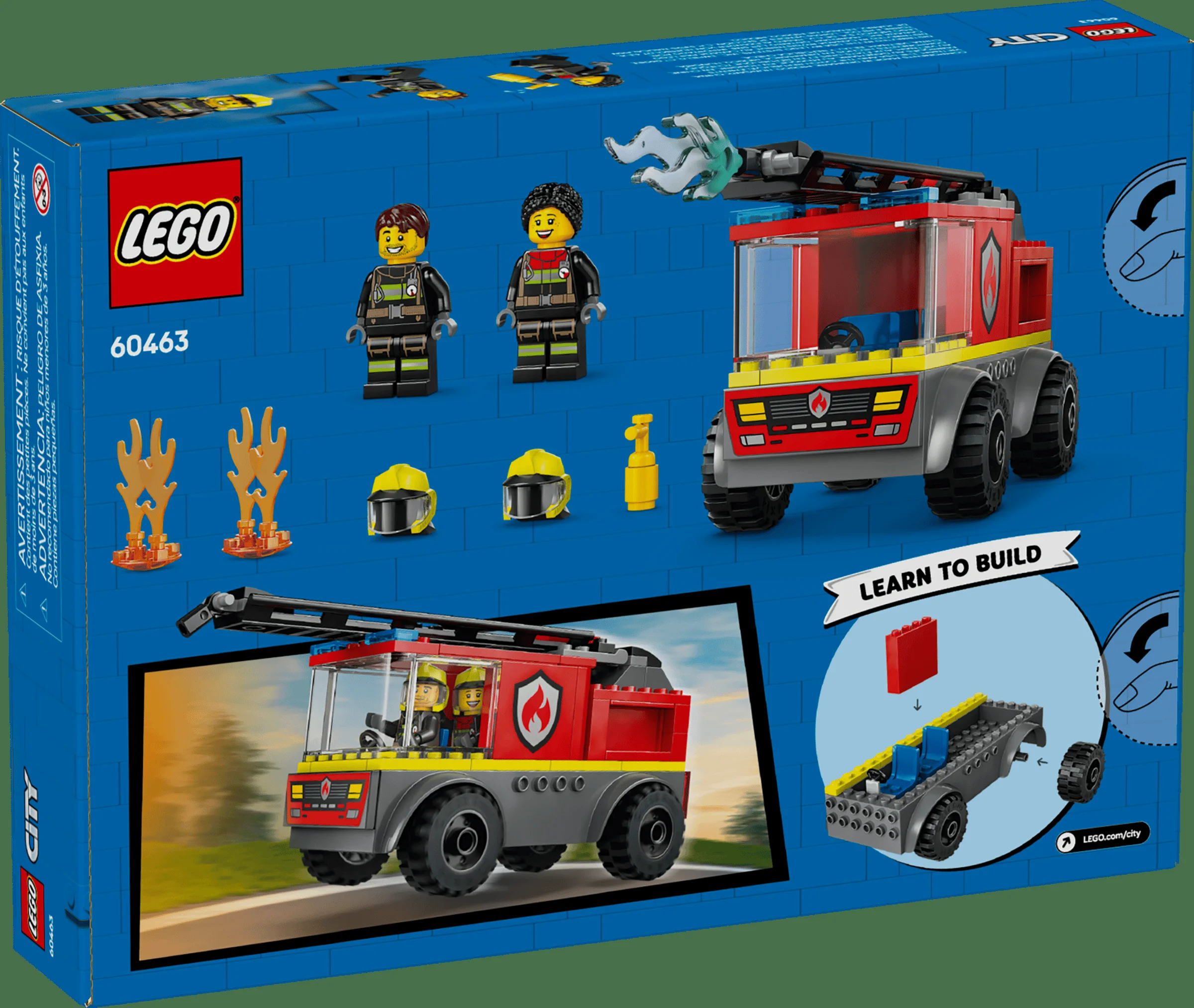 Imagine a cutiei cu setul LEGO 60463. Include minifigurine, autospeciala de pompieri și instrucțiuni. Detalii despre funcții și construcție.