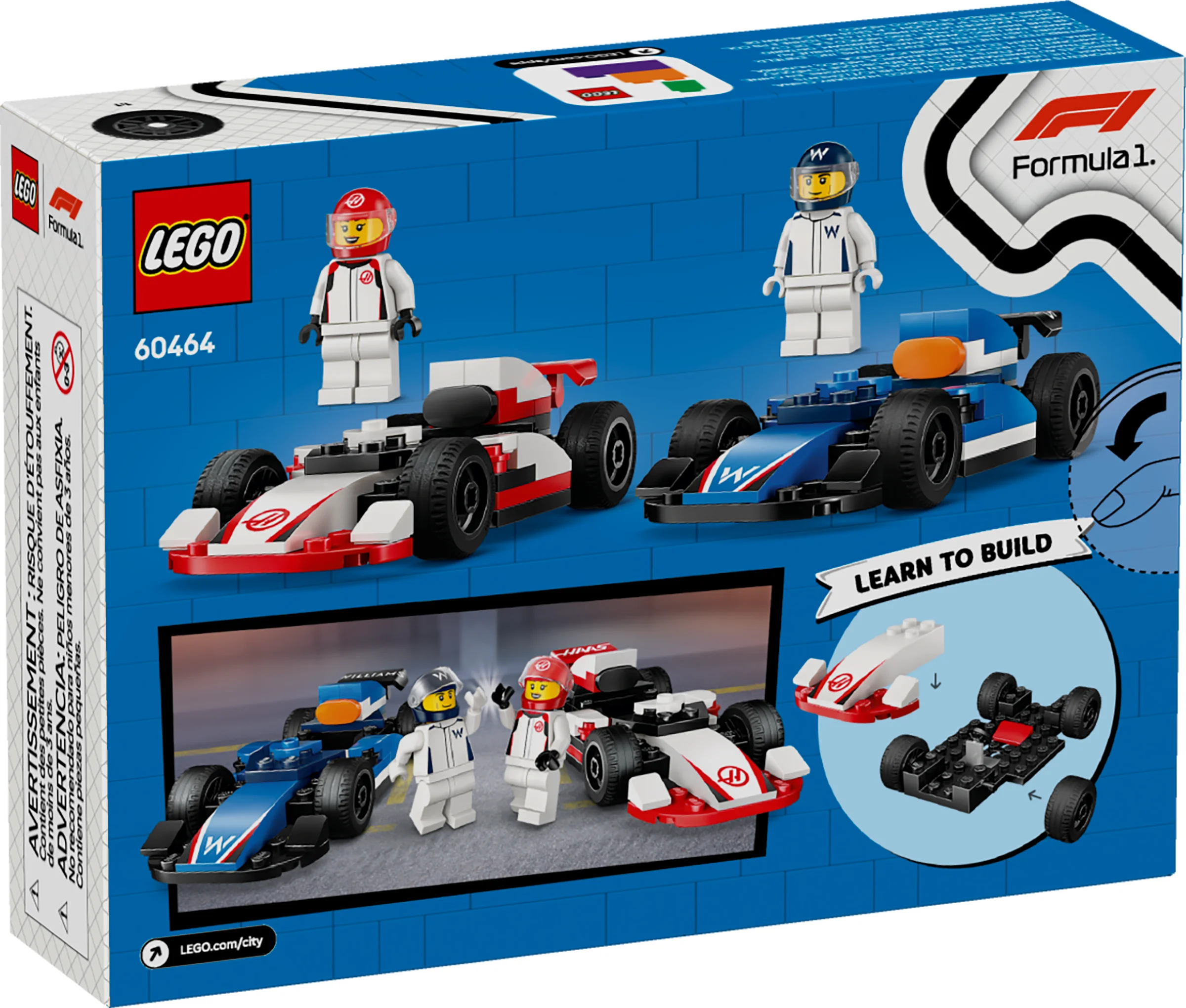Cutia setului LEGO 60464 cu mașinile de curse F1 Williams și Haas și minifigurinele.