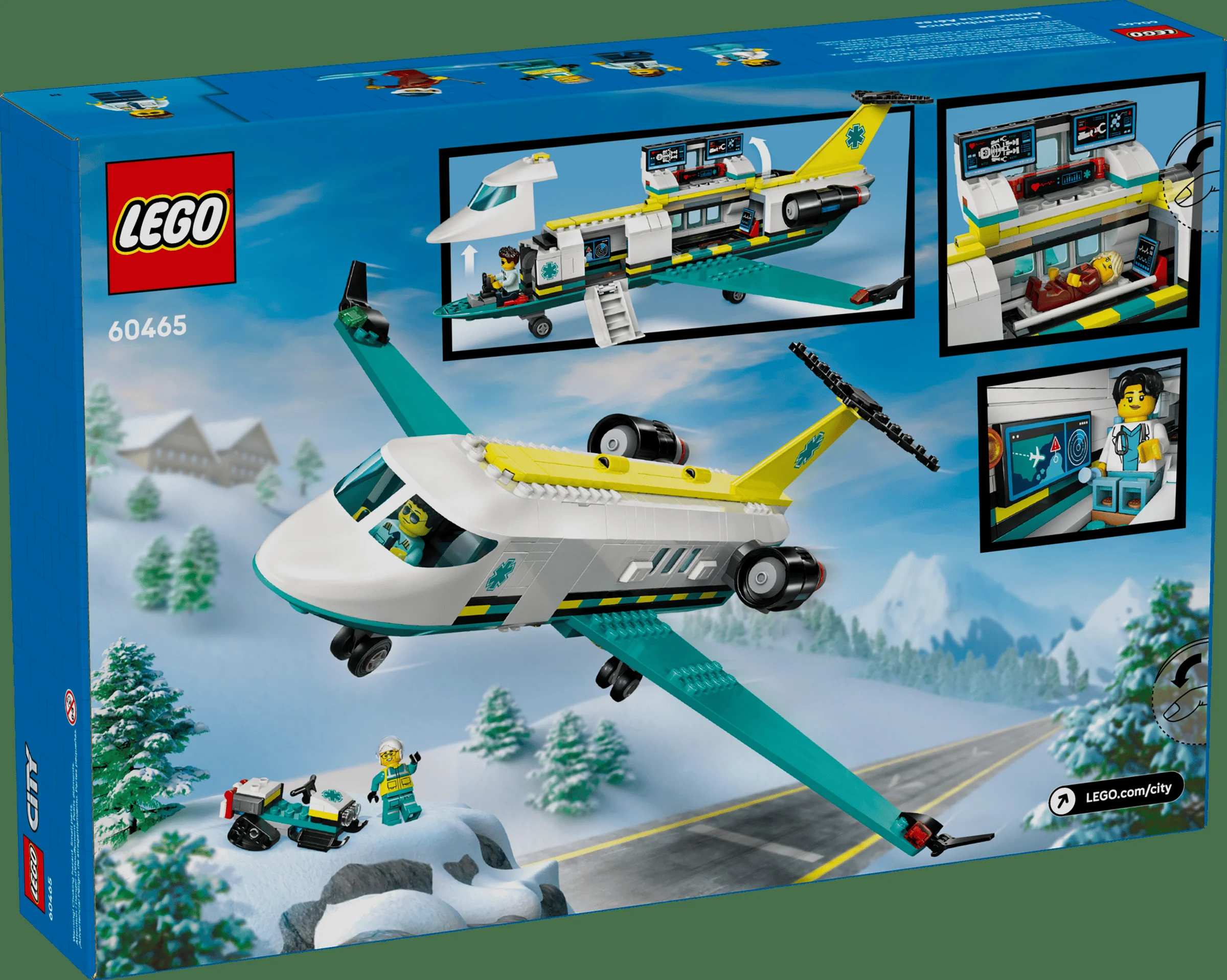Cutia setului LEGO 60465 Avion de salvare aeriană. Include avionul, snowmobil și minifigurine.