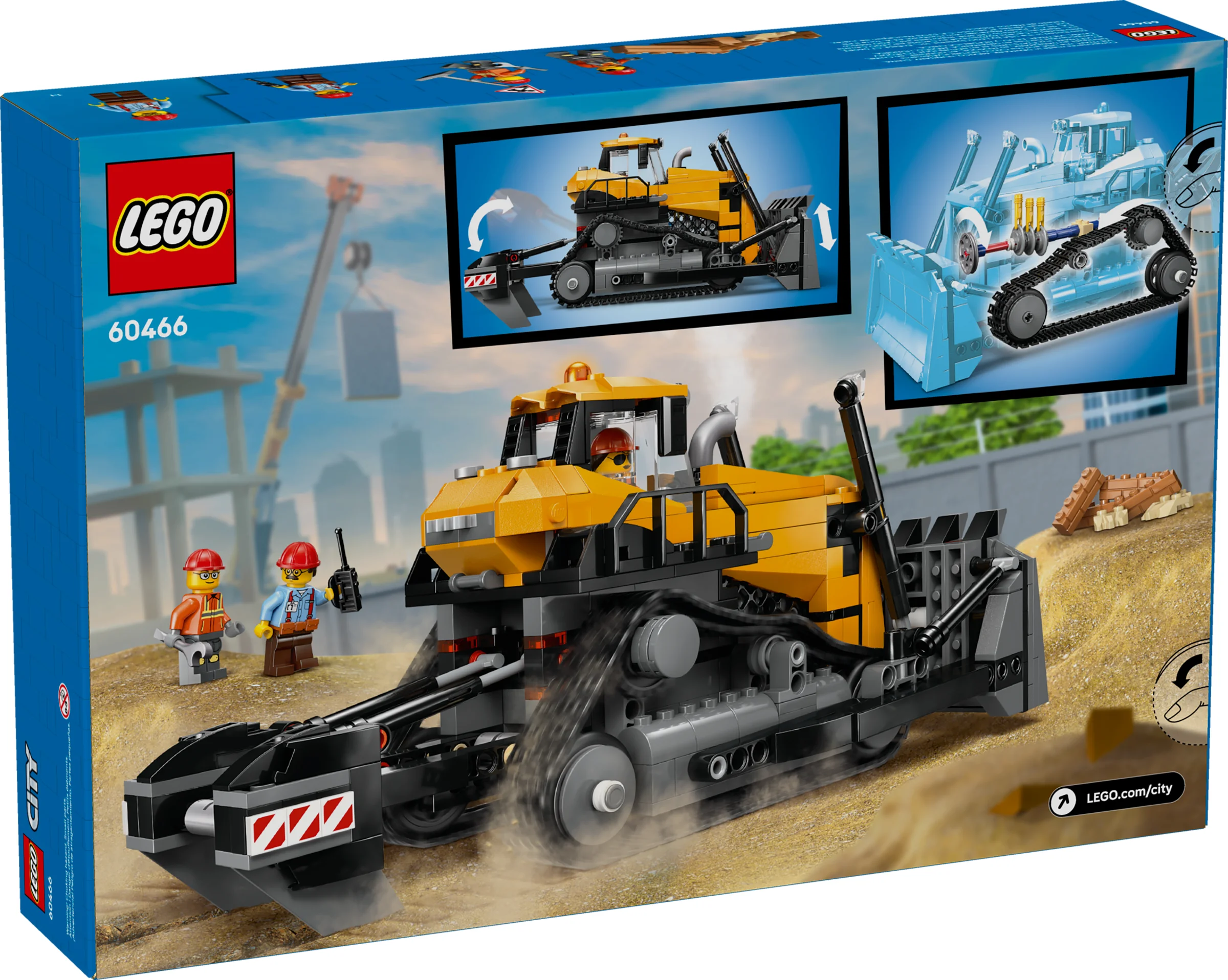Cutia LEGO 60466 cu buldozerul galben, include și 2 minifigurine de muncitori.