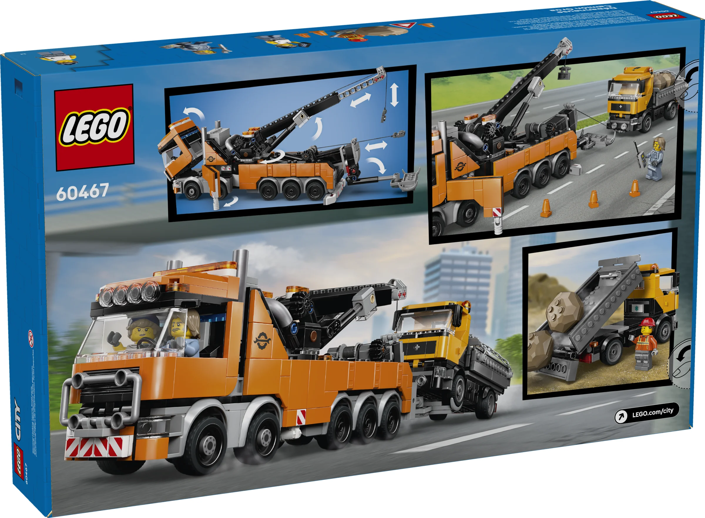 Imaginea arată cutia setului LEGO 60467, cu un camion de remorcare portocaliu și galben detaliat.