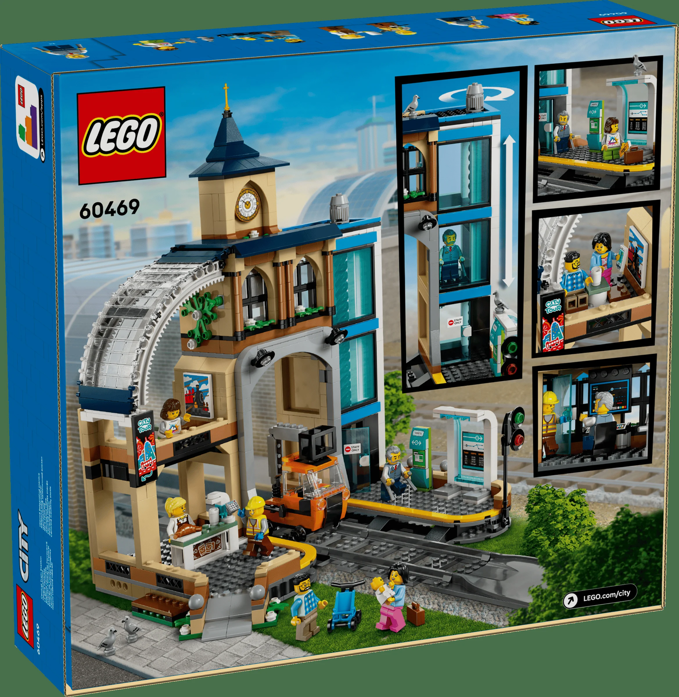 Imaginea cutiei cu gara LEGO City 60469, cu detaliile modelului și minifigurinele incluse.