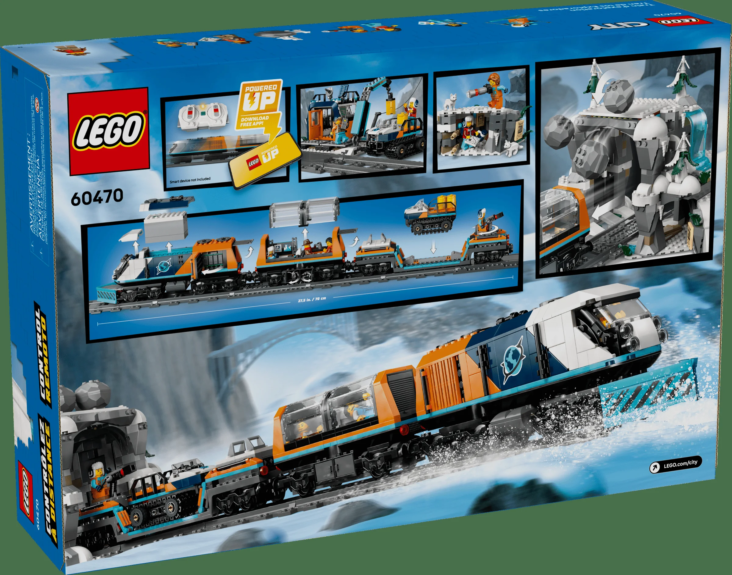 Imagine cu spatele cutiei setului LEGO 60470, Trenul Explorator, evidențiind funcțiile și designul.