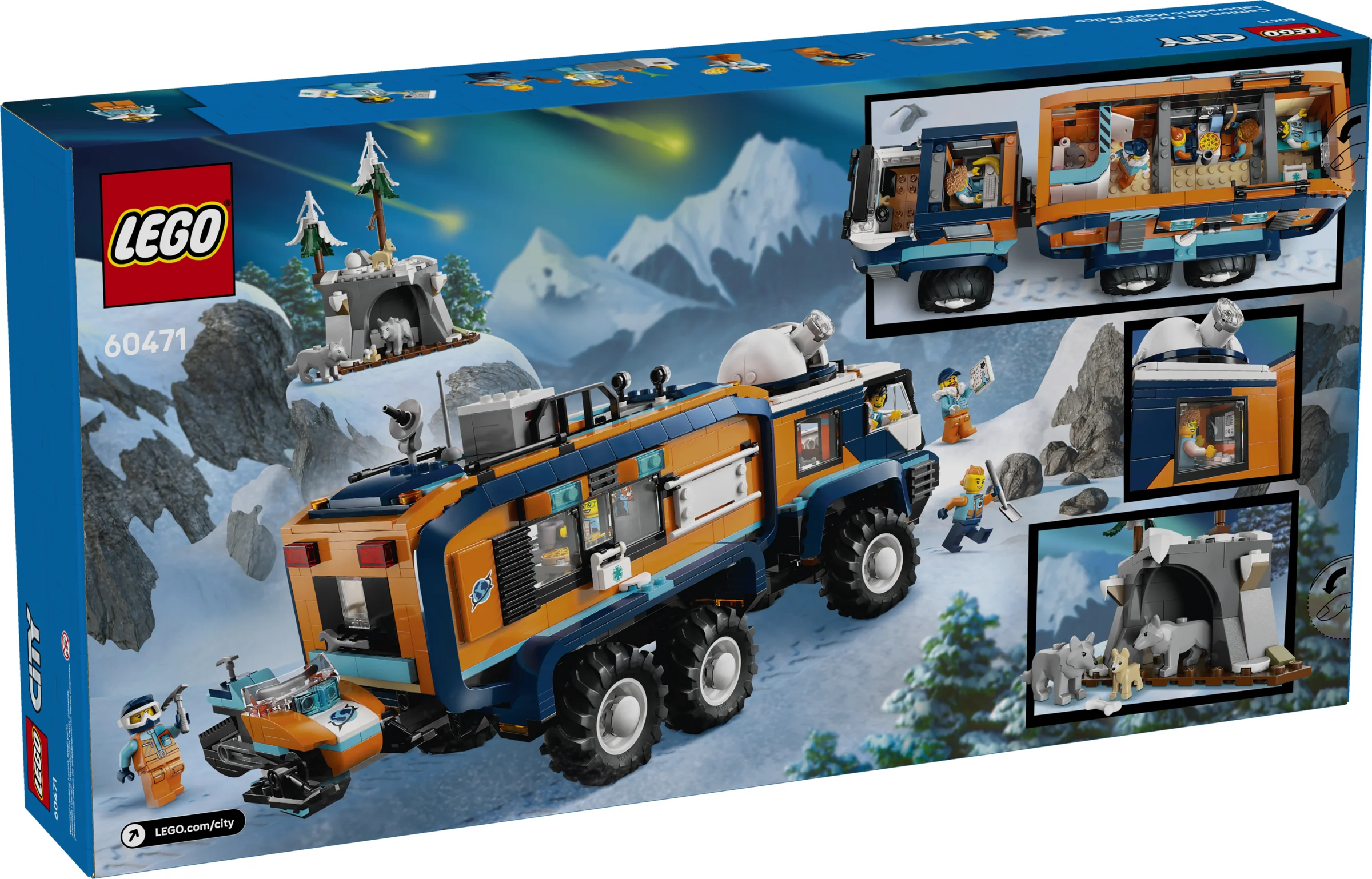 Cutia LEGO 60471 prezintă camionul arctic, zăpadă, minifigurine și detalii ale setului.