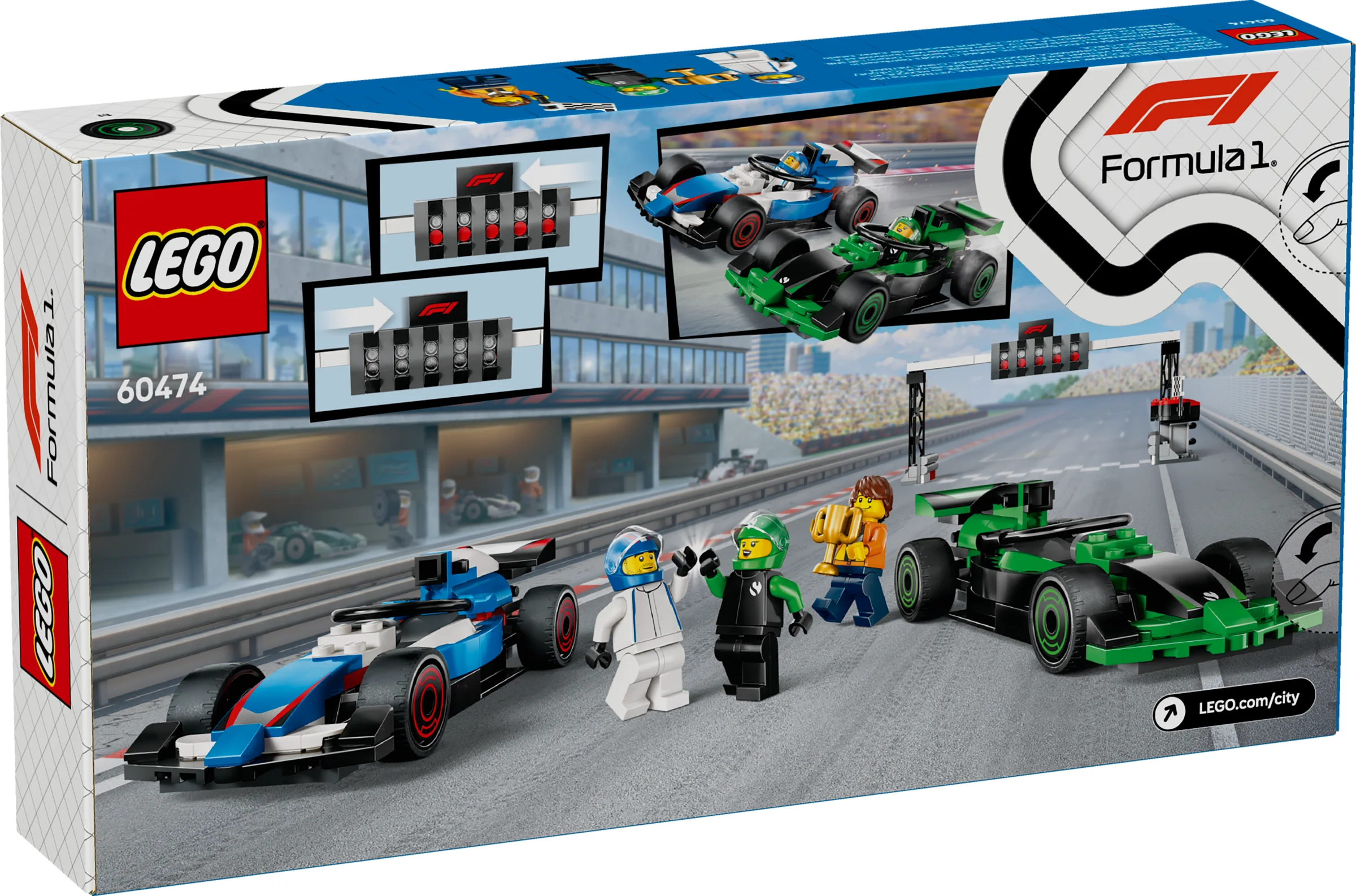Cutia setului LEGO 60474 prezintă mașinile VCARB & Sauber pe pistă, cu minifigurine.