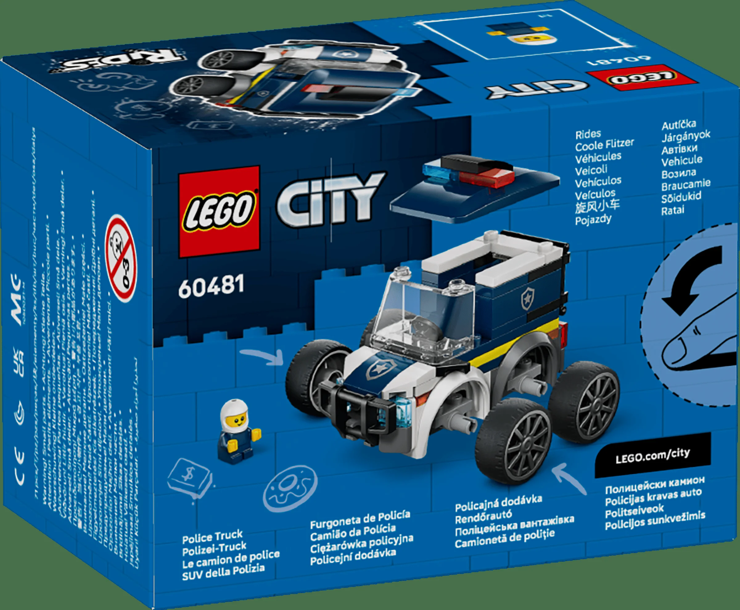 Cutia LEGO City 60481 prezintă camionul de poliție, minifigurina și accesorii. E albastră cu elemente LEGO.