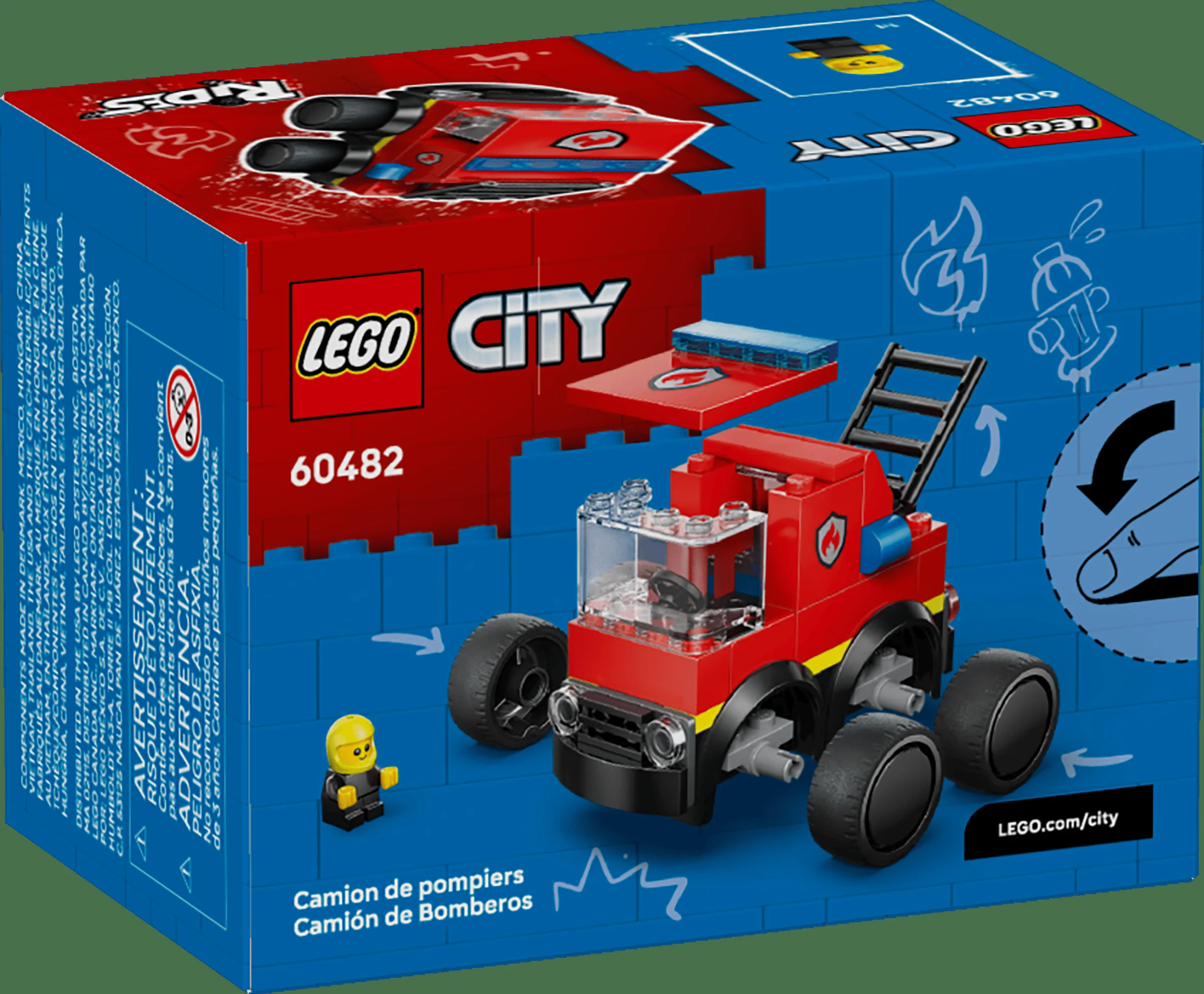 Imagine a cutiei LEGO 60482 „Camion de Pompieri”, cu modelul și minifigurina.
