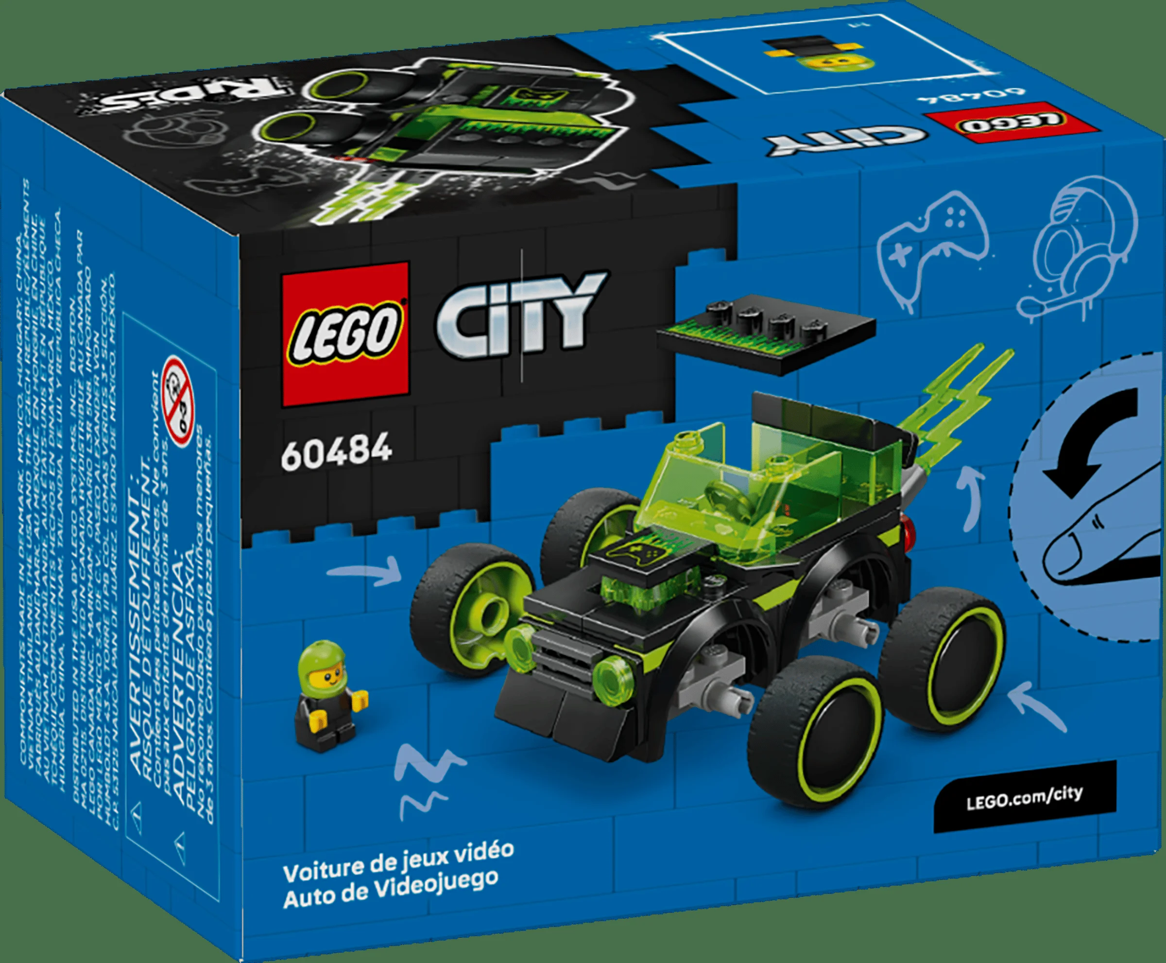 Imagine a cutiei LEGO City 60484, cu mașina de curse și minifigurina șoferului. Design vibrant, negru și verde.