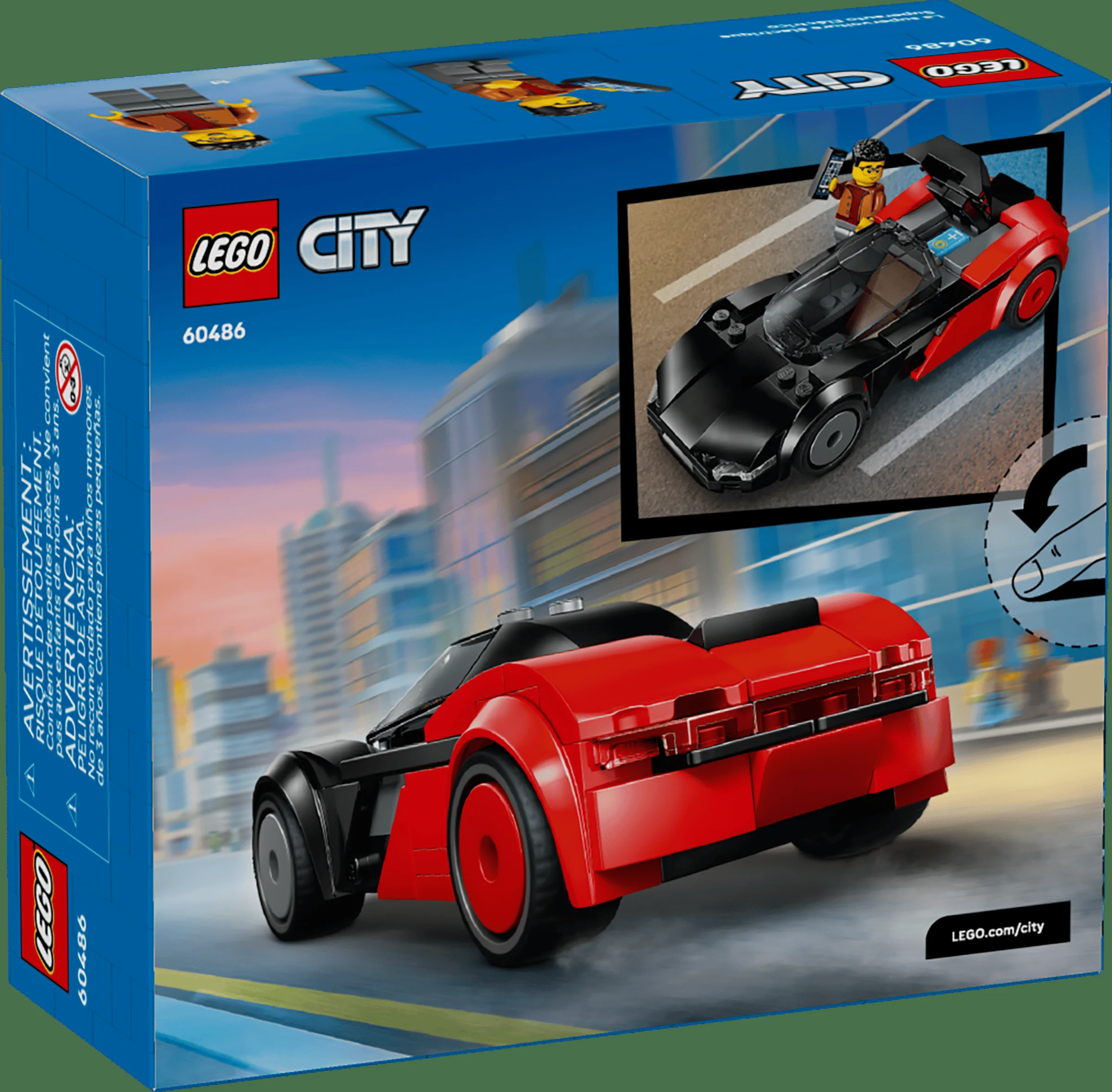 Cutia setului LEGO City 60486, cu mașina sport roșie și neagră și minifigurina șoferului.