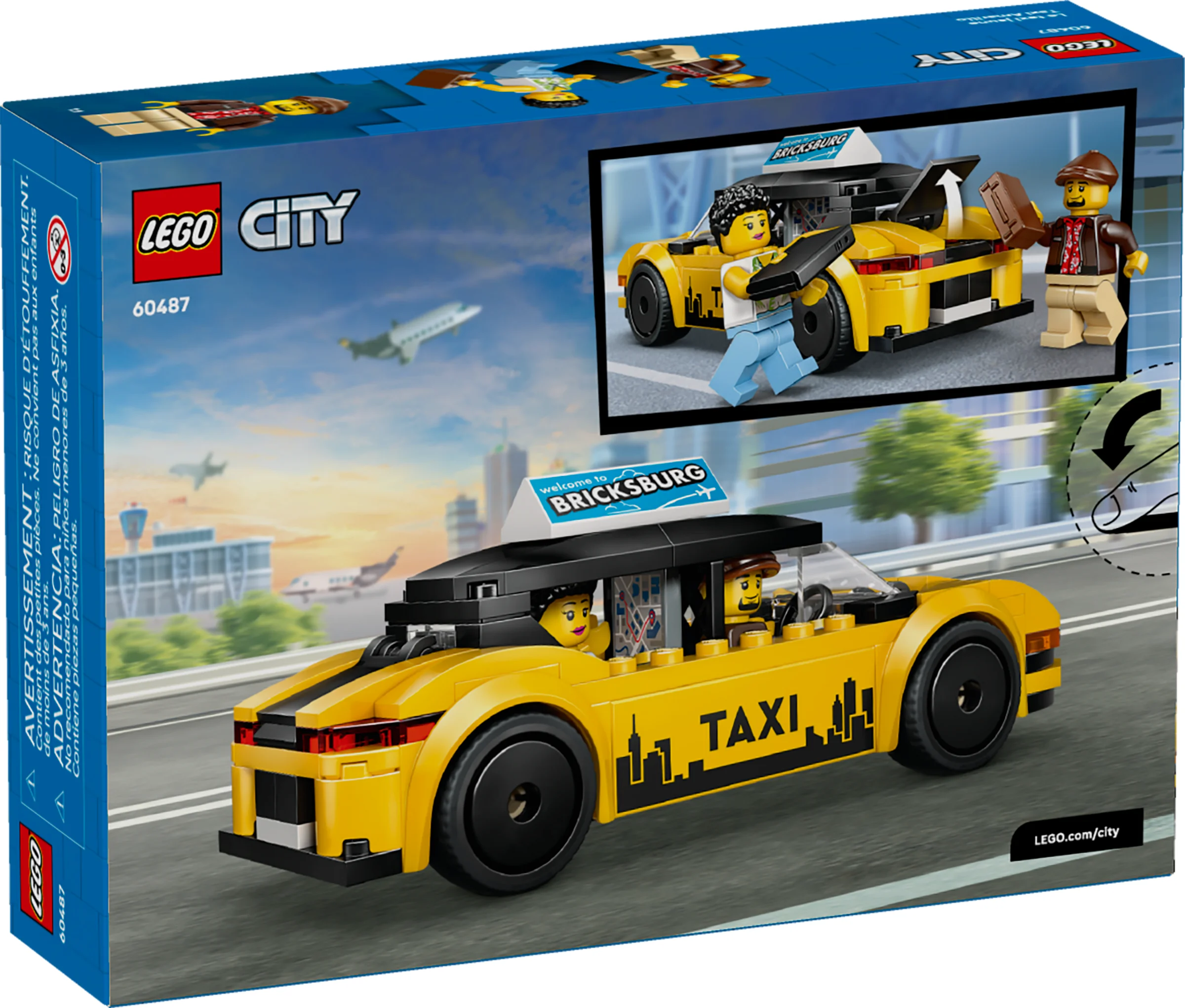Imagine cu cutia setului LEGO City 60487, taxi galben modern cu minifigurine șofer și pasager.