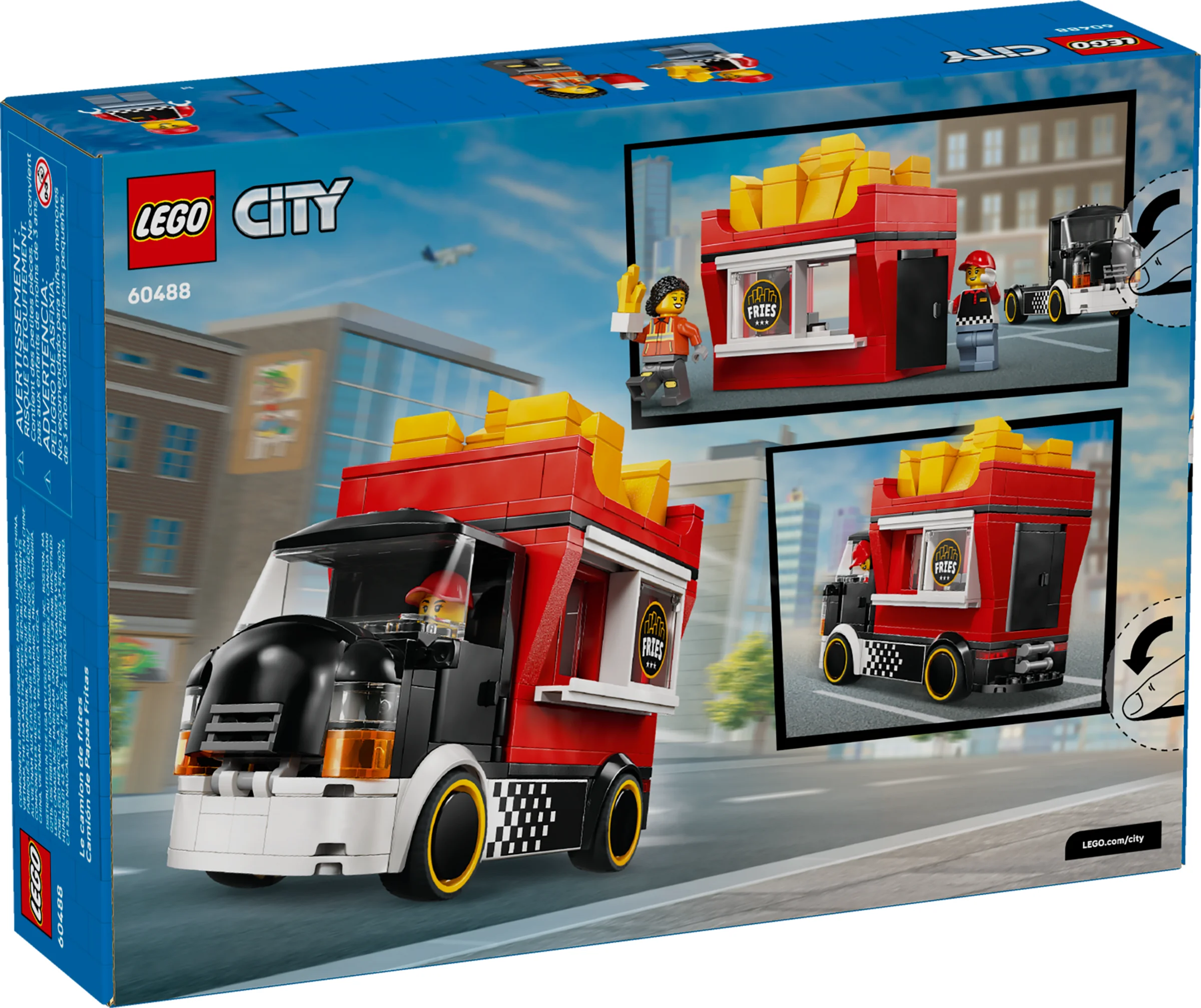 Imaginea arată cutia setului LEGO 60488, Camionul de cartofi prăjiți, detaliind modelul și minifigurinele.